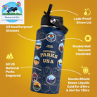 National Parks Water Bottle with 63 Waterproof Stickers - 32Oz Leakproof Insulated Stainless Steel with Straw - USA Hiker Gift Bottle (Blue)