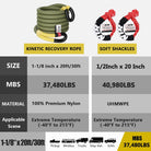 1-1/8" X 30' Kinetic Recovery Tow Rope (37,480Lbs), with 2 UHMWPE Soft Shackles (40,980Lbs), Heavy-Duty Offroad Snatch Strap, Vehicle Recovery Kit for Jeep Car Truck ATV UTV SUV