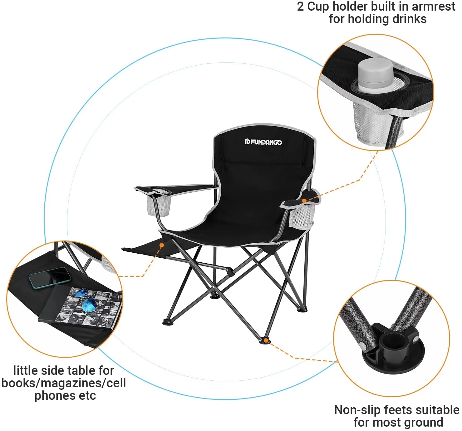 Camping Chairs with Side Table Outdoor Padded Camping Chair for Adults with Armrest Cup Holder and Pocket Supports 300 Lbs Black