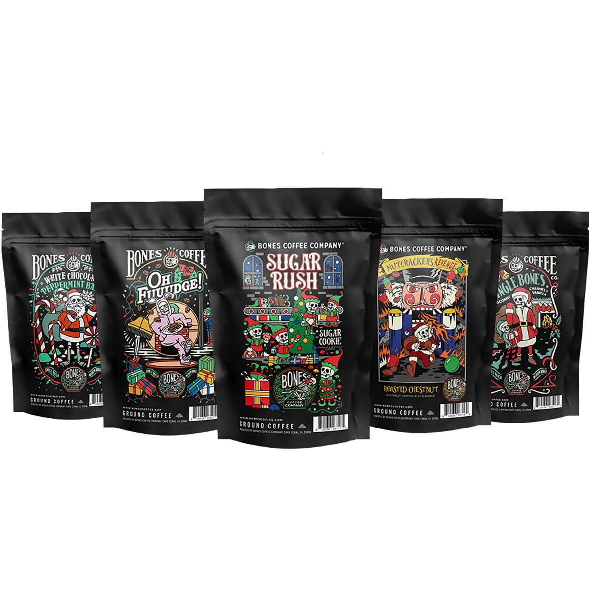 Bones Coffee Company NEW Flavors! Favorite Flavors Sample Pack | 4 Oz Pack of 5 Assorted Ground Coffee Beans | Low Acid Medium Roast Gourmet Coffee Beverages (Ground)