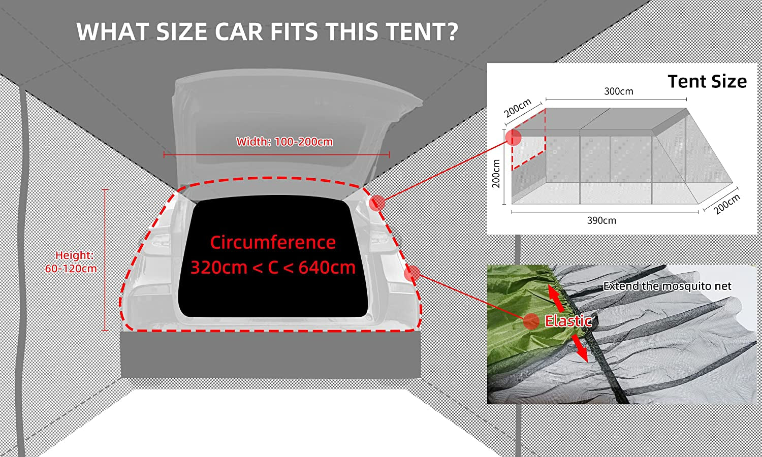 Car Awning Sun Shelter Tents Camping Truck Canopy, Portable SUV Tent Rooftop with Mosquito Net, Universal Tailgate Tent Outdoor for MPV, Trucks, Hatchbacks and Cars 118”X78.74”X78.74”