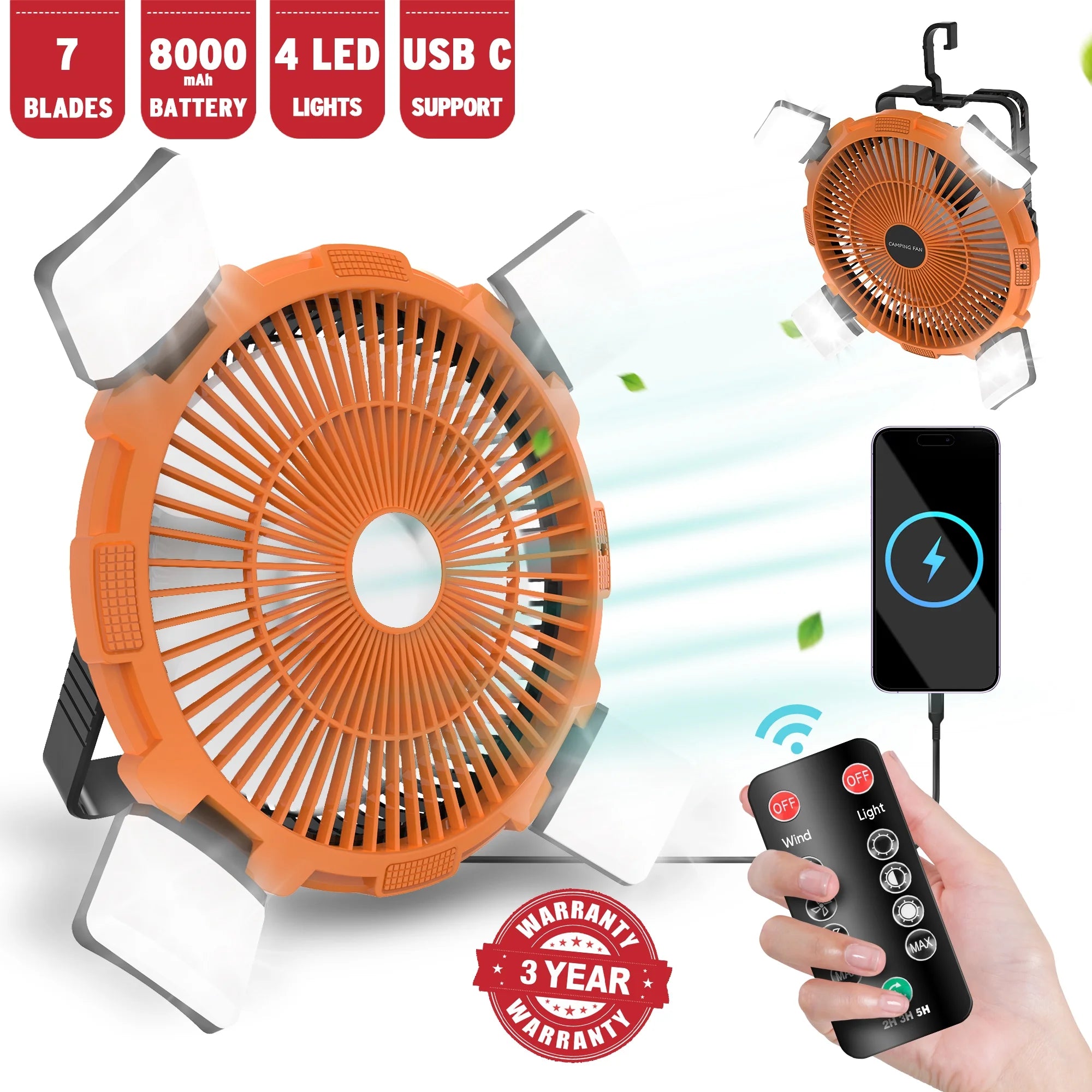 Premium Camping Fan with Rechargeable Battery and Integrated Disco Light Functionality