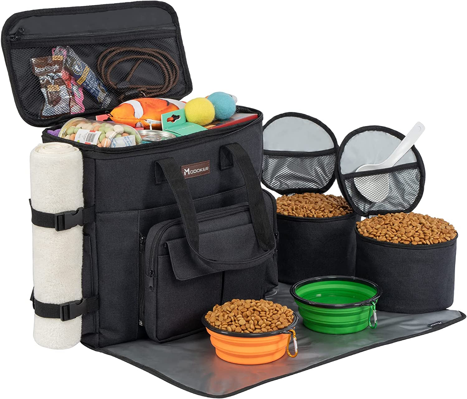 Weekend Pet Travel Set - Airline Approved Dog Travel Bag with Multi-Function Pockets, Food Storage Containers, Collapsible Bowls, Feeding Mat. Blue.