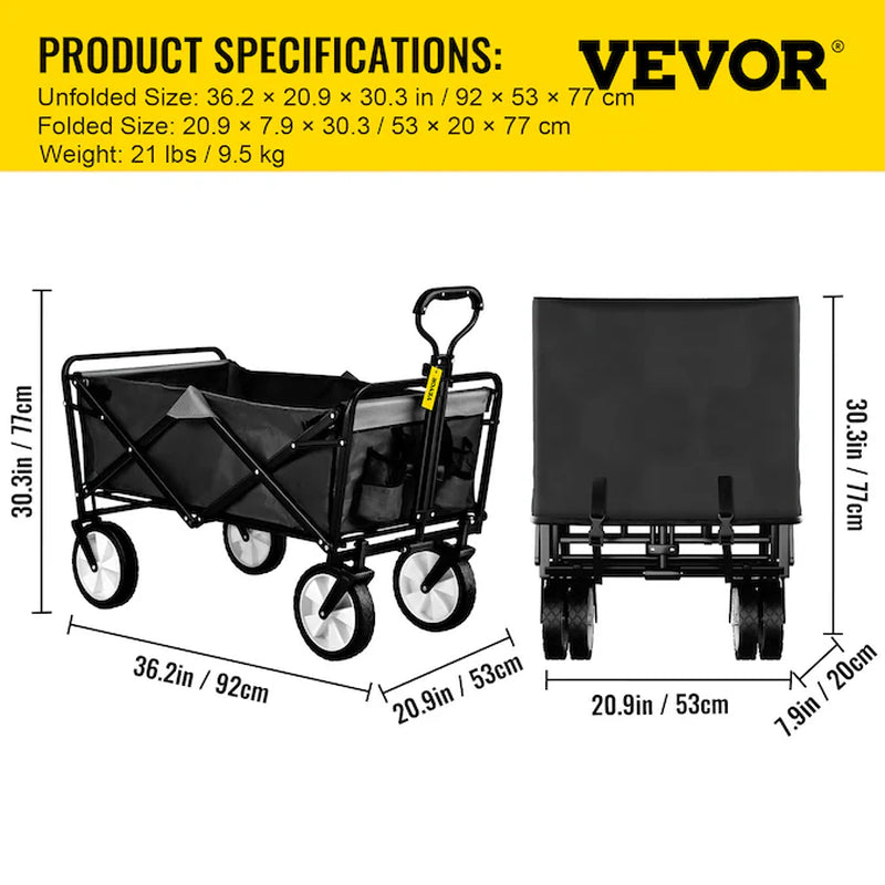 Wagon Beach Cart, Collapsible Folding Cart with 176Lbs Load, Outdoor Utility Garden Cart, Adjustable Handle, Portable Foldable Wagons with Wheels for Beach, Camping, Grocery, Black