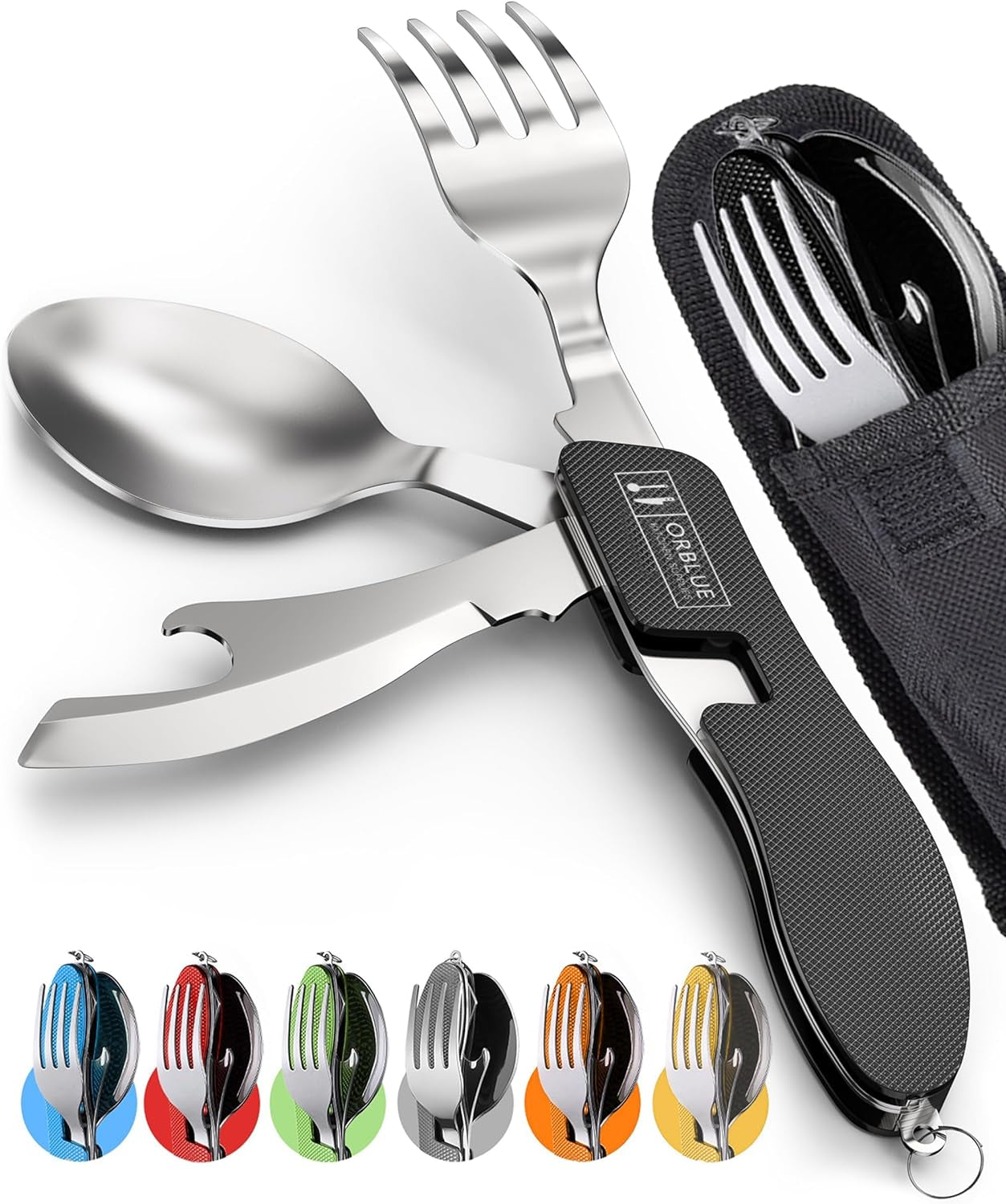 Orblue 4-In-1 Camping Utensils, 2-Pack, Portable Stainless Steel Spoon, Fork, Knife & Bottle Opener Combo Set - Travel, Backpacking Cutlery Multitool, Black