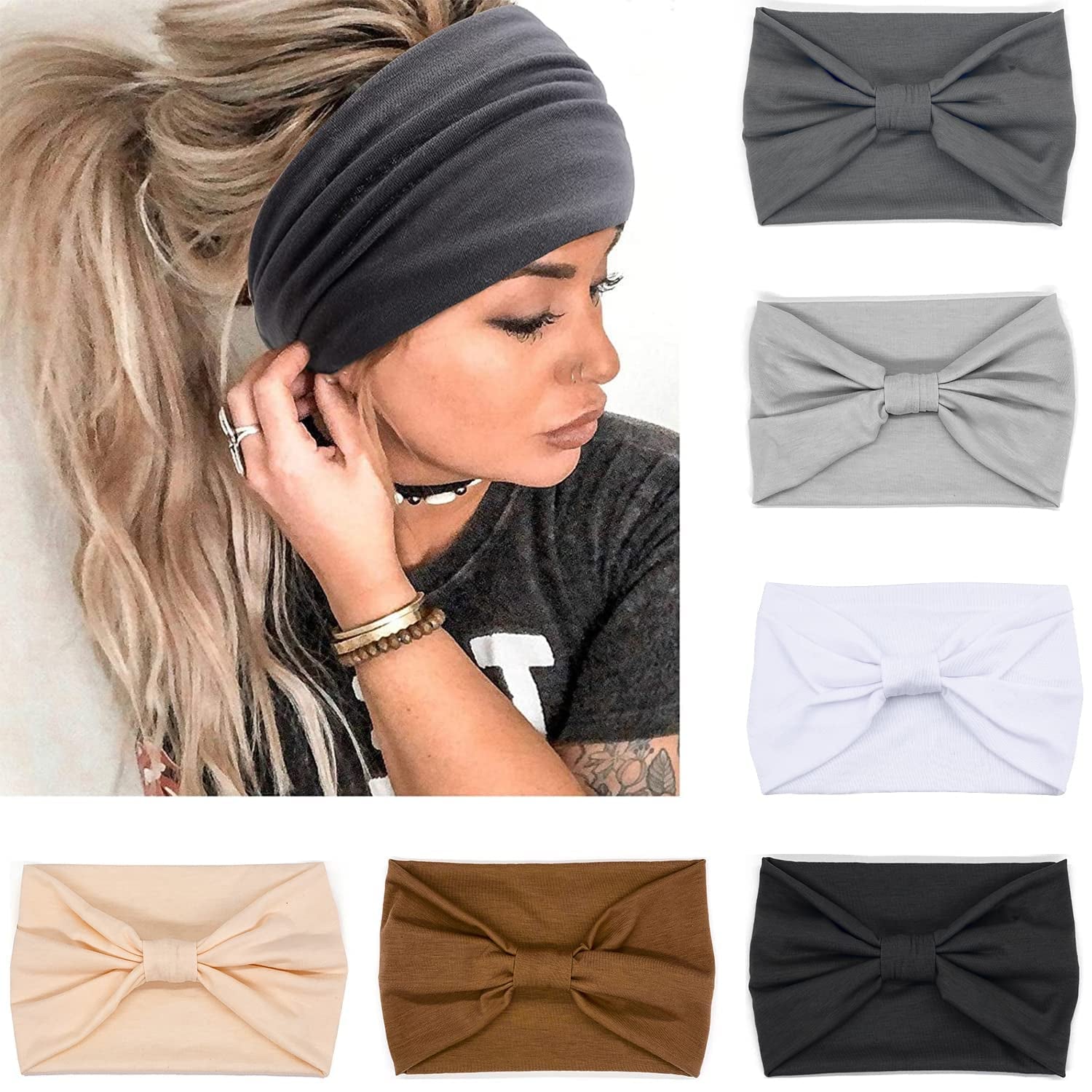 Wide Headbands for Women, Boho Knotted Head Wraps Turbans, Large African Style Head Bands Hair Accessories, 6 Pack