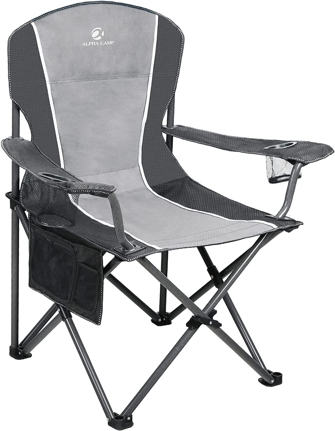 ALPHA CAMP Oversized Camping Folding Chair Heavy Duty Steel Frame Support 350 LBS Collapsible Padded Arm Chair with Cup Holder Quad Lumbar Back Chair Portable for Outdoor/Indoor