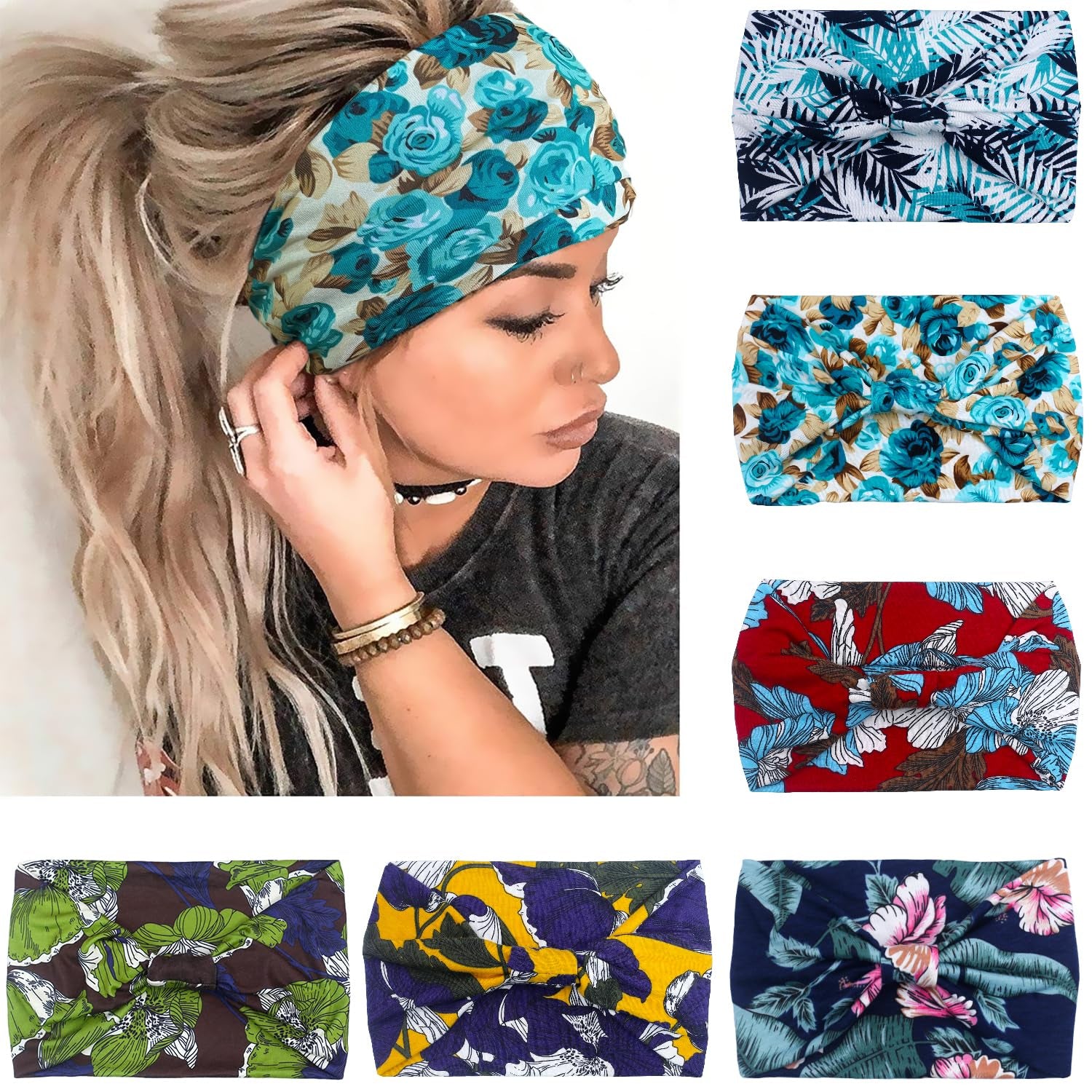 Wide Headbands for Women, Boho Knotted Head Wraps Turbans, Large African Style Head Bands Hair Accessories, 6 Pack