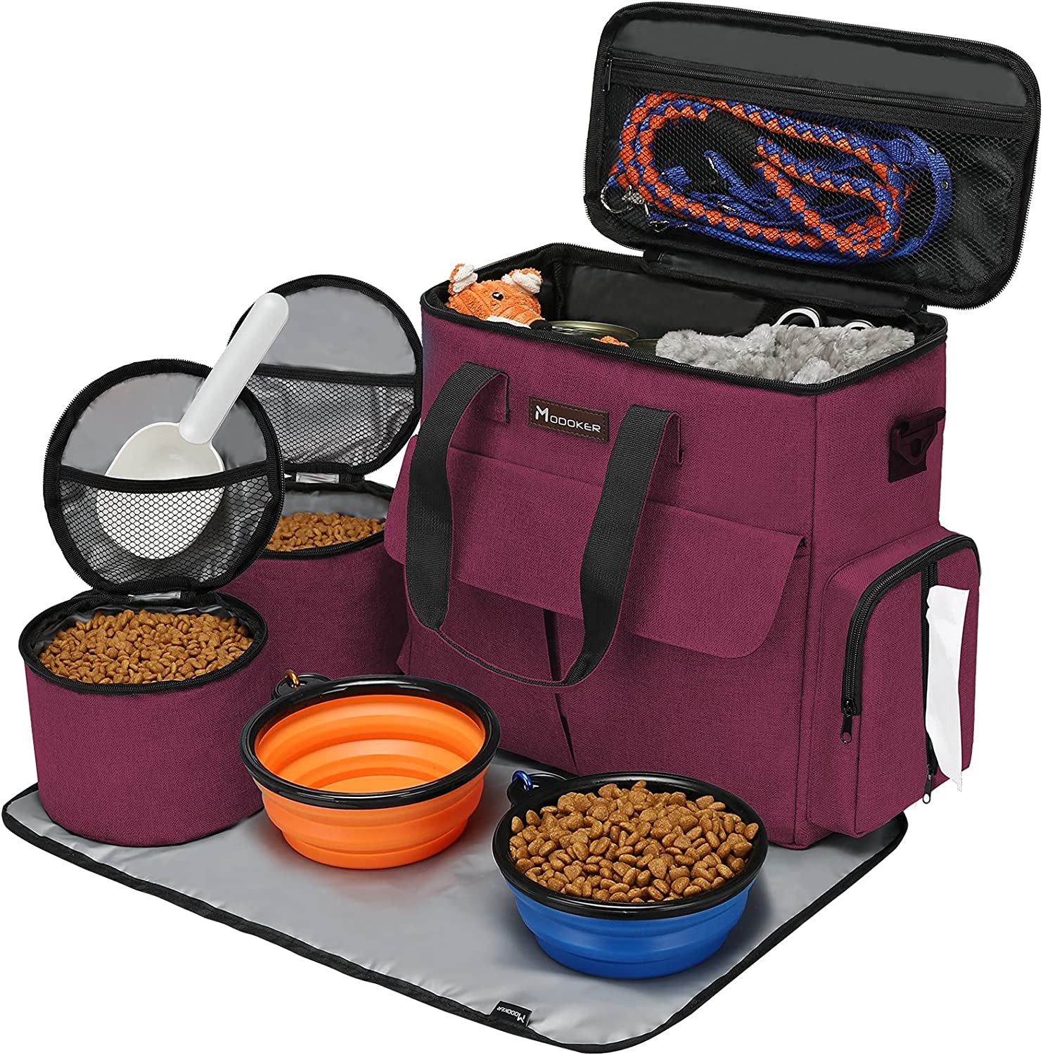 Weekend Pet Travel Set - Airline Approved Dog Travel Bag with Multi-Function Pockets, Food Storage Containers, Collapsible Bowls, Feeding Mat. Blue.