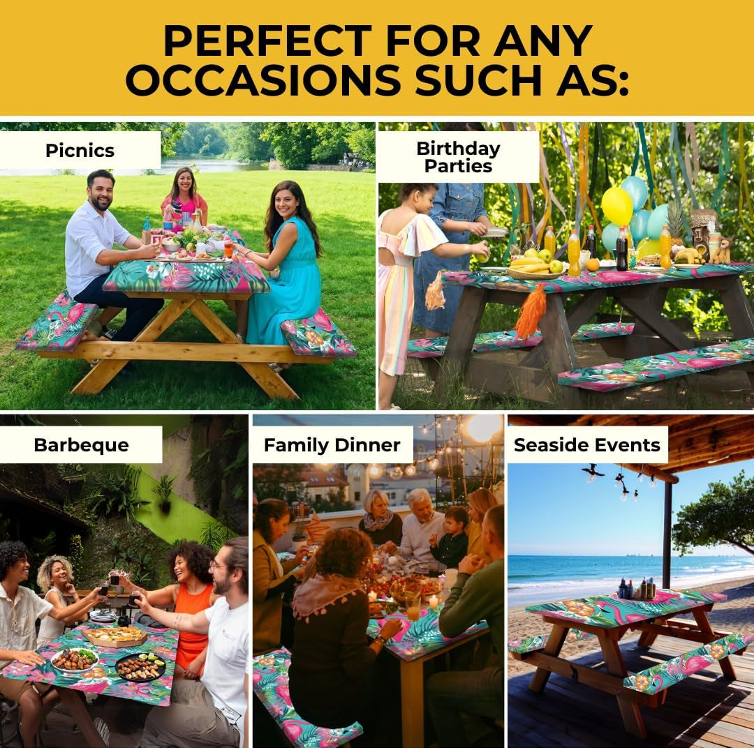 Premium 6FT Waterproof Polyester Picnic Table Cover Set with Bench Covers and Carrying Bag, Elastic and Windproof Design (72x30 Inches, 4 Pieces)