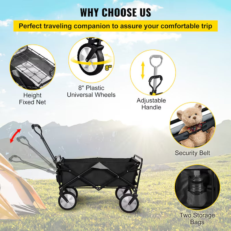 Wagon Beach Cart, Collapsible Folding Cart with 176Lbs Load, Outdoor Utility Garden Cart, Adjustable Handle, Portable Foldable Wagons with Wheels for Beach, Camping, Grocery, Black