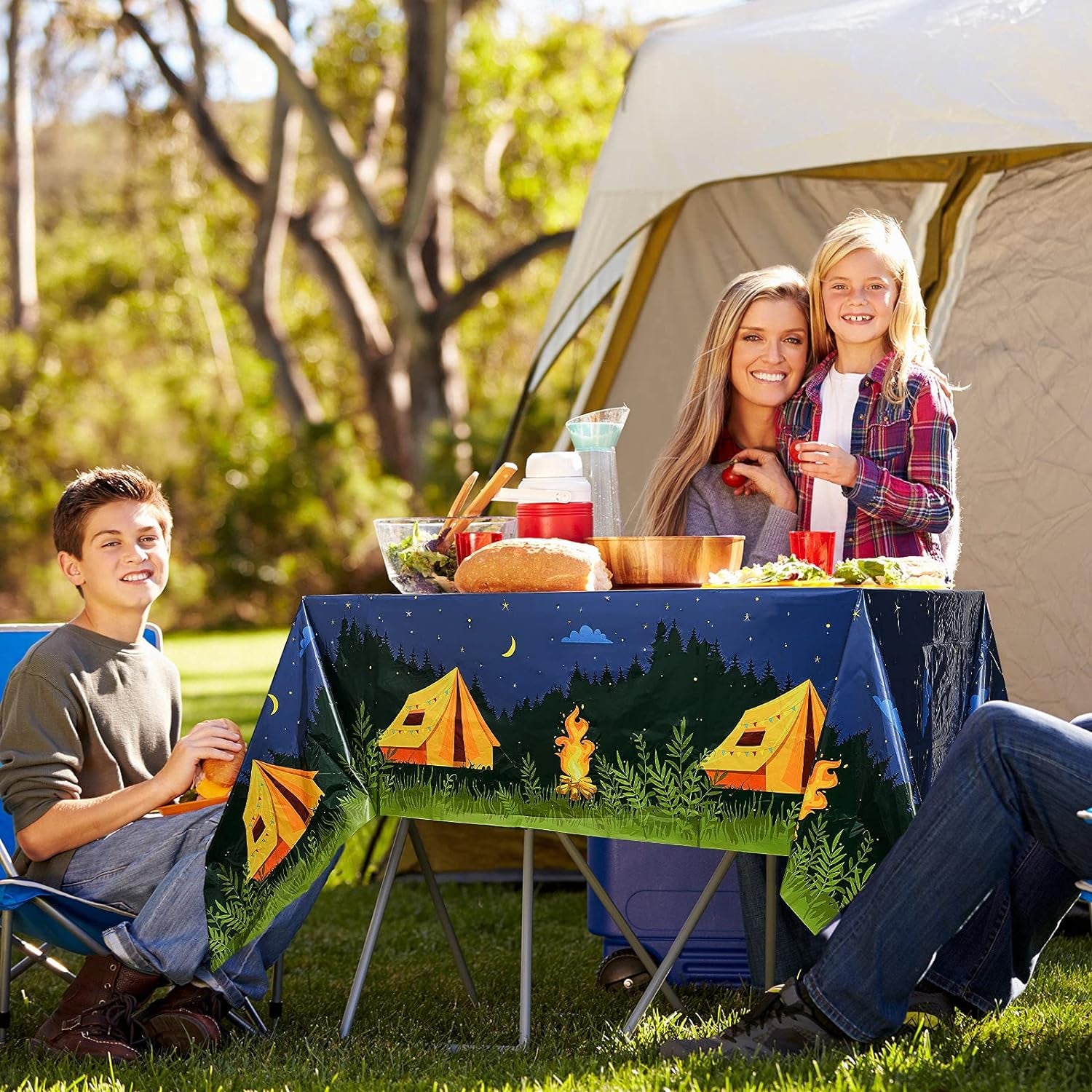 Rectangular Plastic Tablecloths for Camping and Outdoor Events - Adventure Camp Out Design (Set of 2)