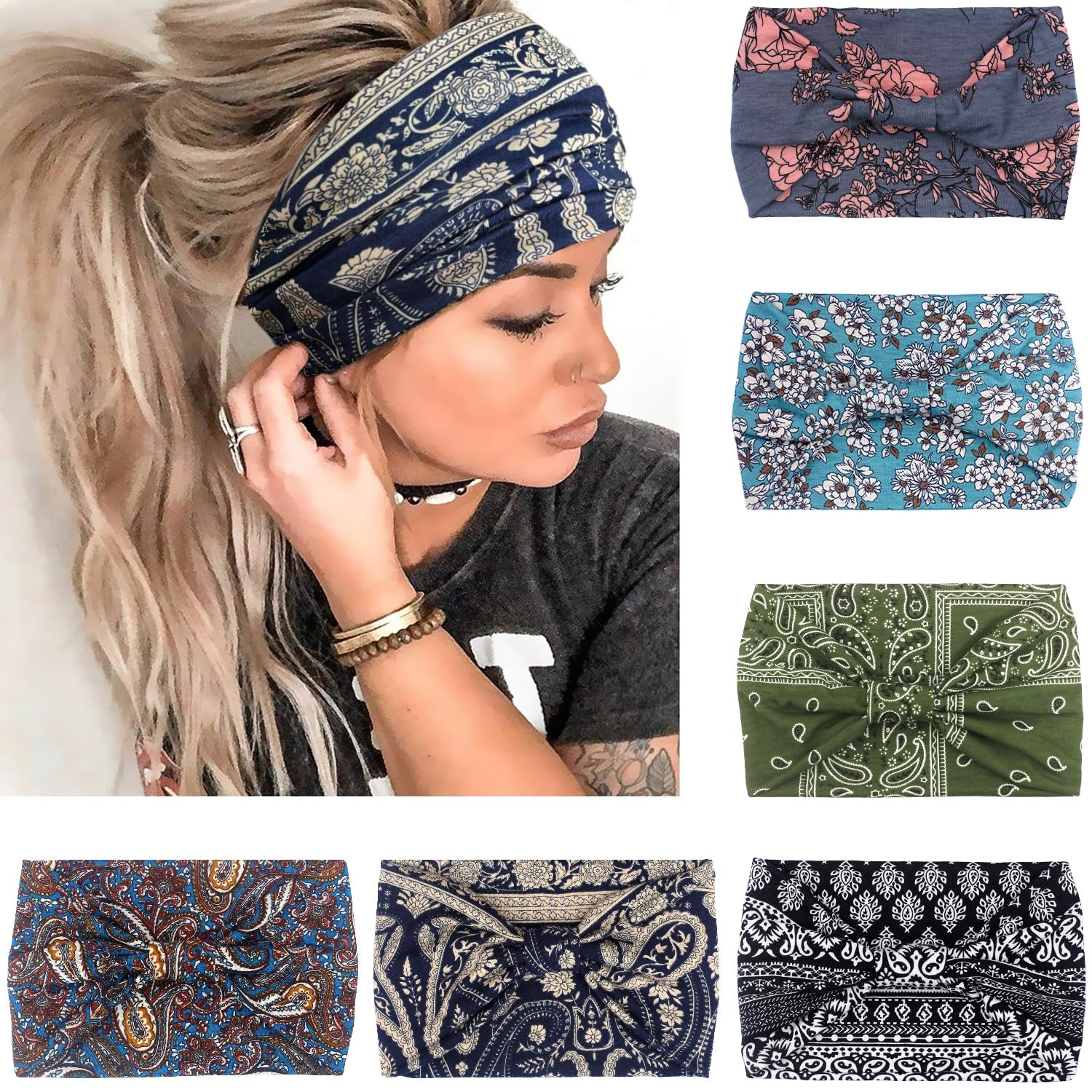 Wide Headbands for Women, Boho Knotted Head Wraps Turbans, Large African Style Head Bands Hair Accessories, 6 Pack