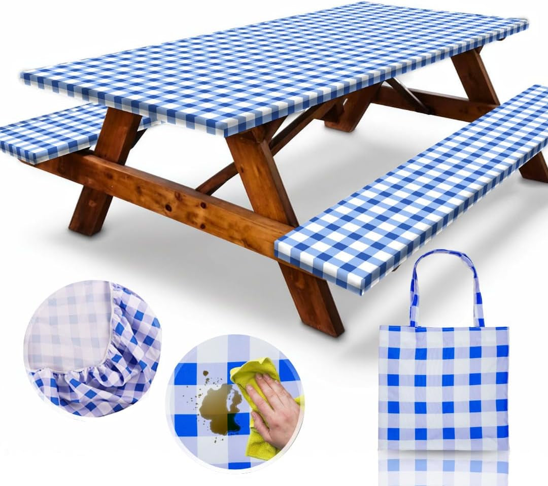 Premium 6FT Waterproof Polyester Picnic Table Cover Set with Bench Covers and Carrying Bag, Elastic and Windproof Design (72x30 Inches, 4 Pieces)