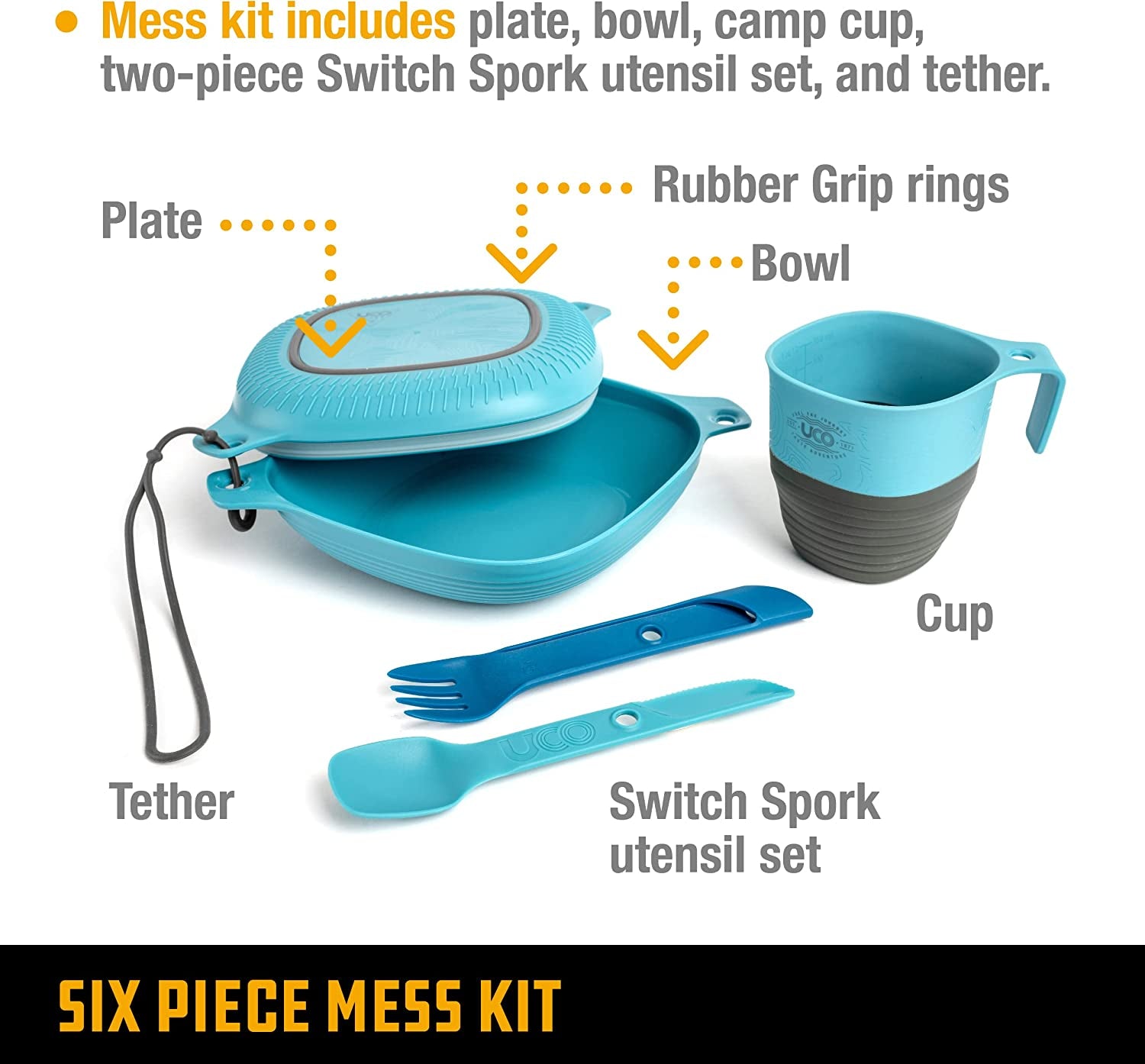 UCO 6-Piece Camping Mess Kit with Bowl, Plate, Camp Cup, and Switch Spork Utensil Set