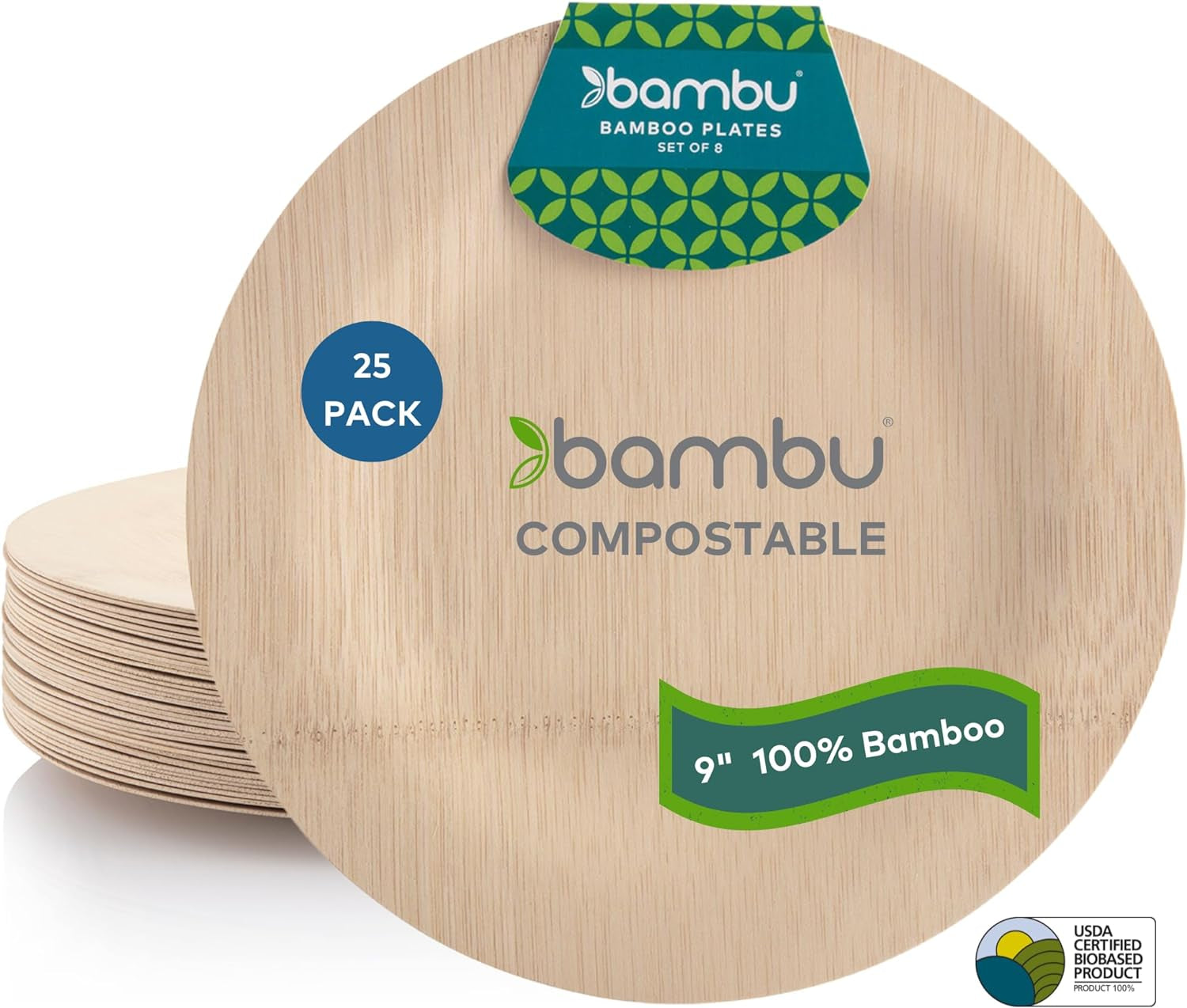 Bambu, Veneerware Disposable Bamboo round Plates, 100% Biodegradable Flat Tableware - 11", Pack of 25