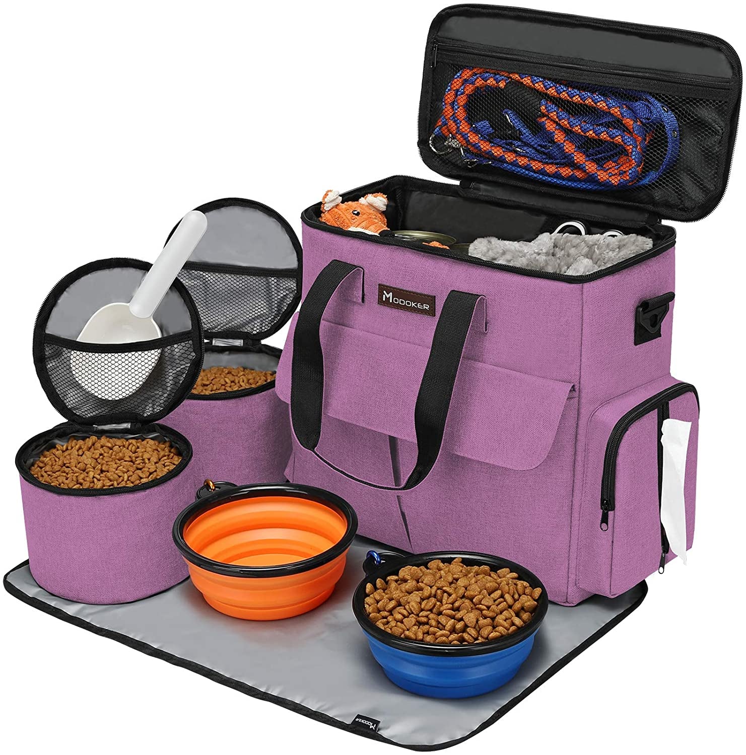 Weekend Pet Travel Set - Airline Approved Dog Travel Bag with Multi-Function Pockets, Food Storage Containers, Collapsible Bowls, Feeding Mat. Blue.