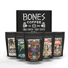 Bones Coffee Company NEW Flavors! Favorite Flavors Sample Pack | 4 Oz Pack of 5 Assorted Ground Coffee Beans | Low Acid Medium Roast Gourmet Coffee Beverages (Ground)