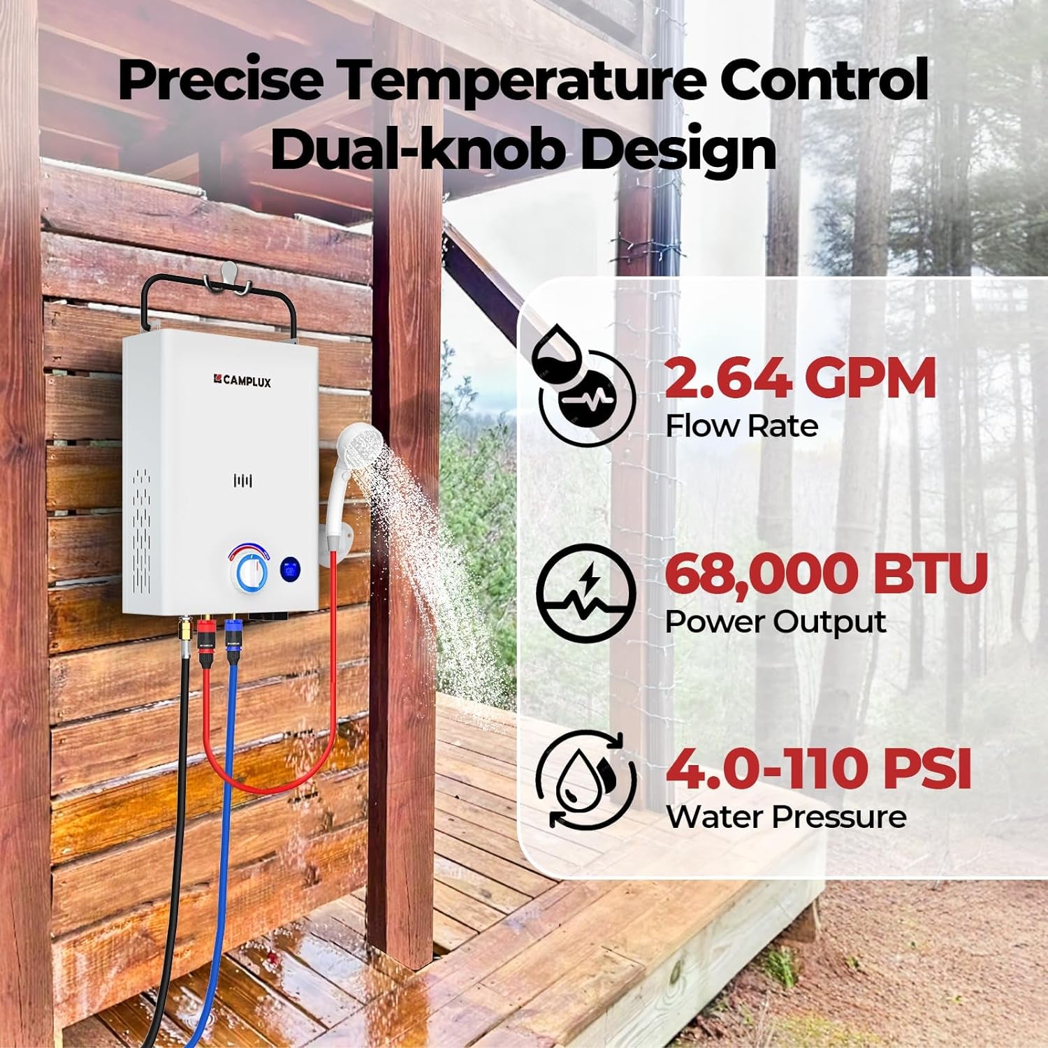 CAMPLUX Portable Tankless Water Heater F10, 2.64GPM Propane Gas Camping Water Heater with LED Digital Display, 68,000 BTU, Outdoor, First Series