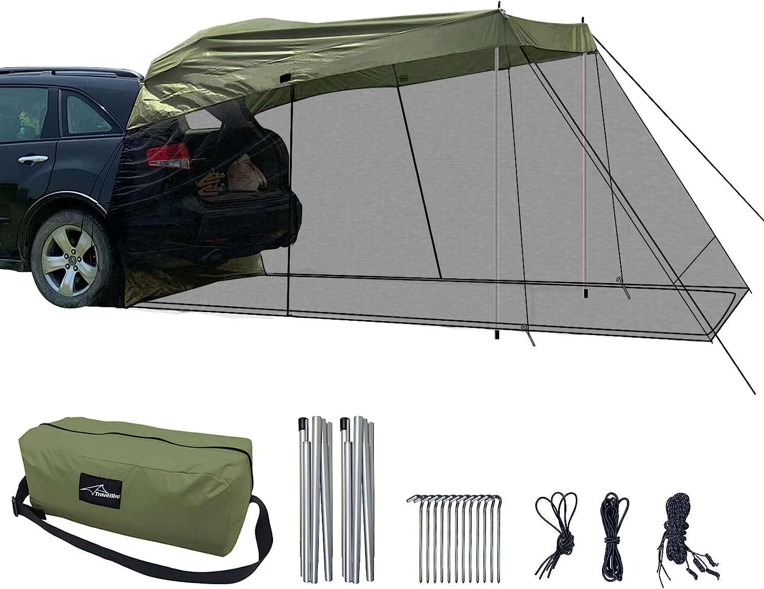 Car Awning Sun Shelter Tents Camping Truck Canopy, Portable SUV Tent Rooftop with Mosquito Net, Universal Tailgate Tent Outdoor for MPV, Trucks, Hatchbacks and Cars 118”X78.74”X78.74”