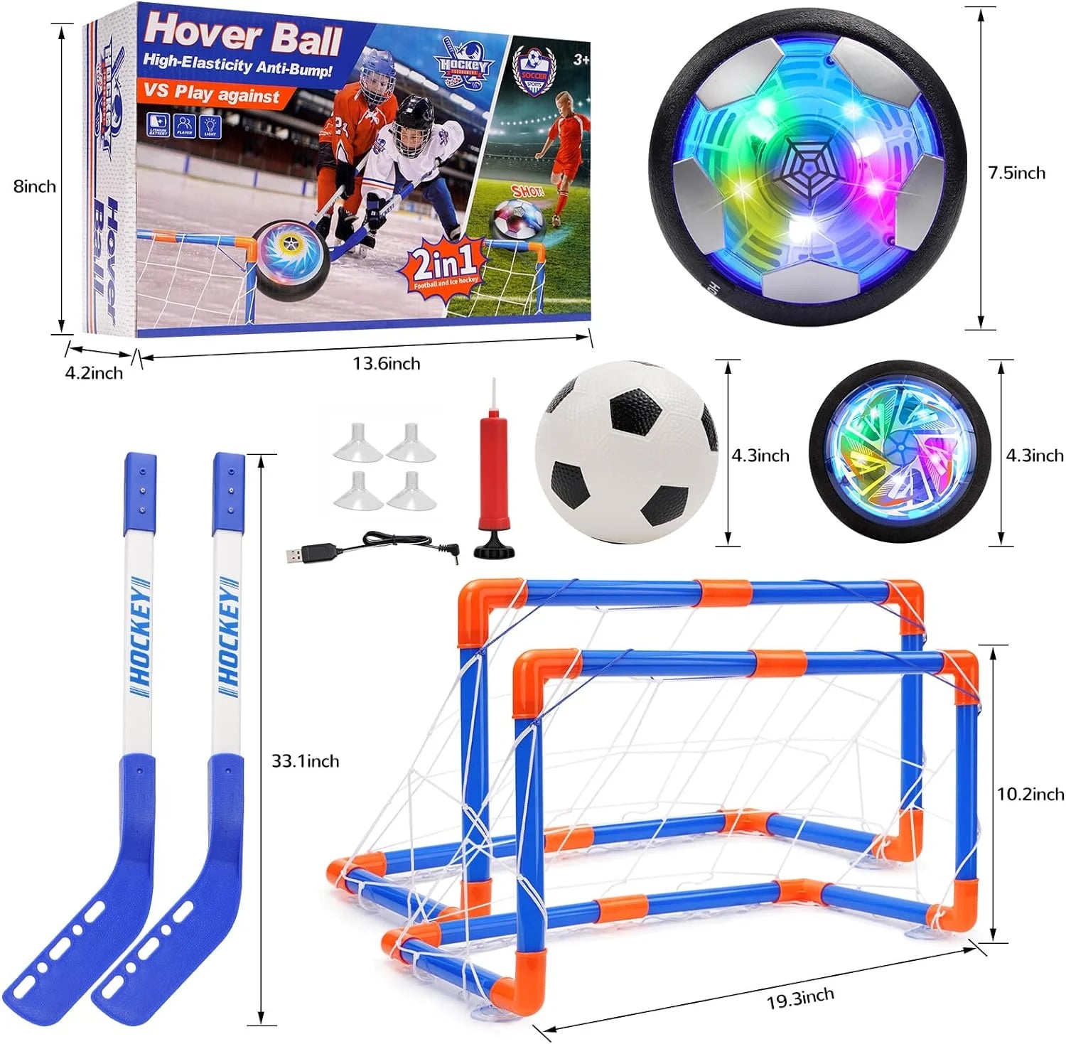 Hover Soccer Ball, 3-In-1 Hover Hockey Ball Kids Toys Set, Indoor and Outdoor Sports Games Toys for Kids Ages 3 4 5 6 7 8-12 - Rechargeable LED Soccer Games Toys for 3-12 Year Old Boys