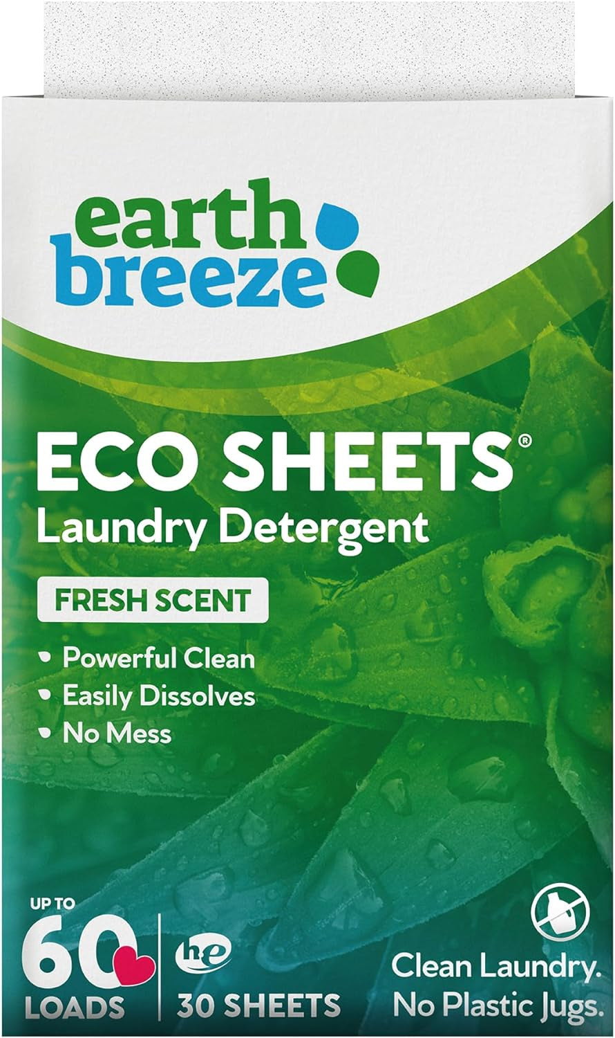 Earth Breeze Laundry Detergent Sheets Fresh Scent - 60 Loads No Plastic Jug Concentrated Laundry Detergent 30 Sheets