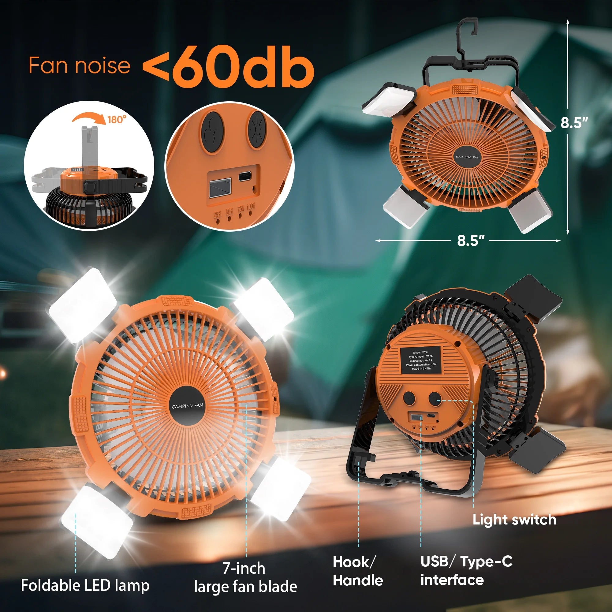 Premium Camping Fan with Rechargeable Battery and Integrated Disco Light Functionality