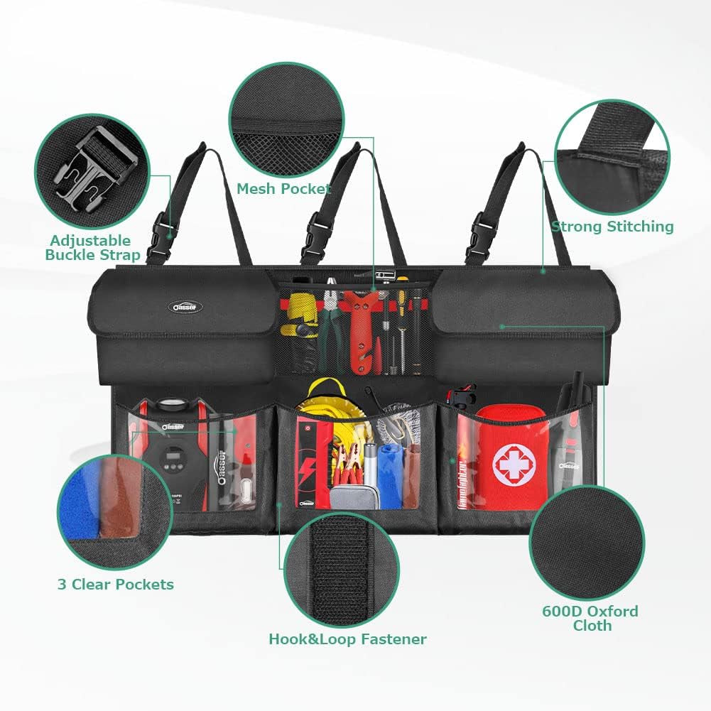 Back Seat Trunk Organizer - Foldable Cargo Storage with 6 Large Pockets and 3 Adjustable Straps, 40x19 Inches