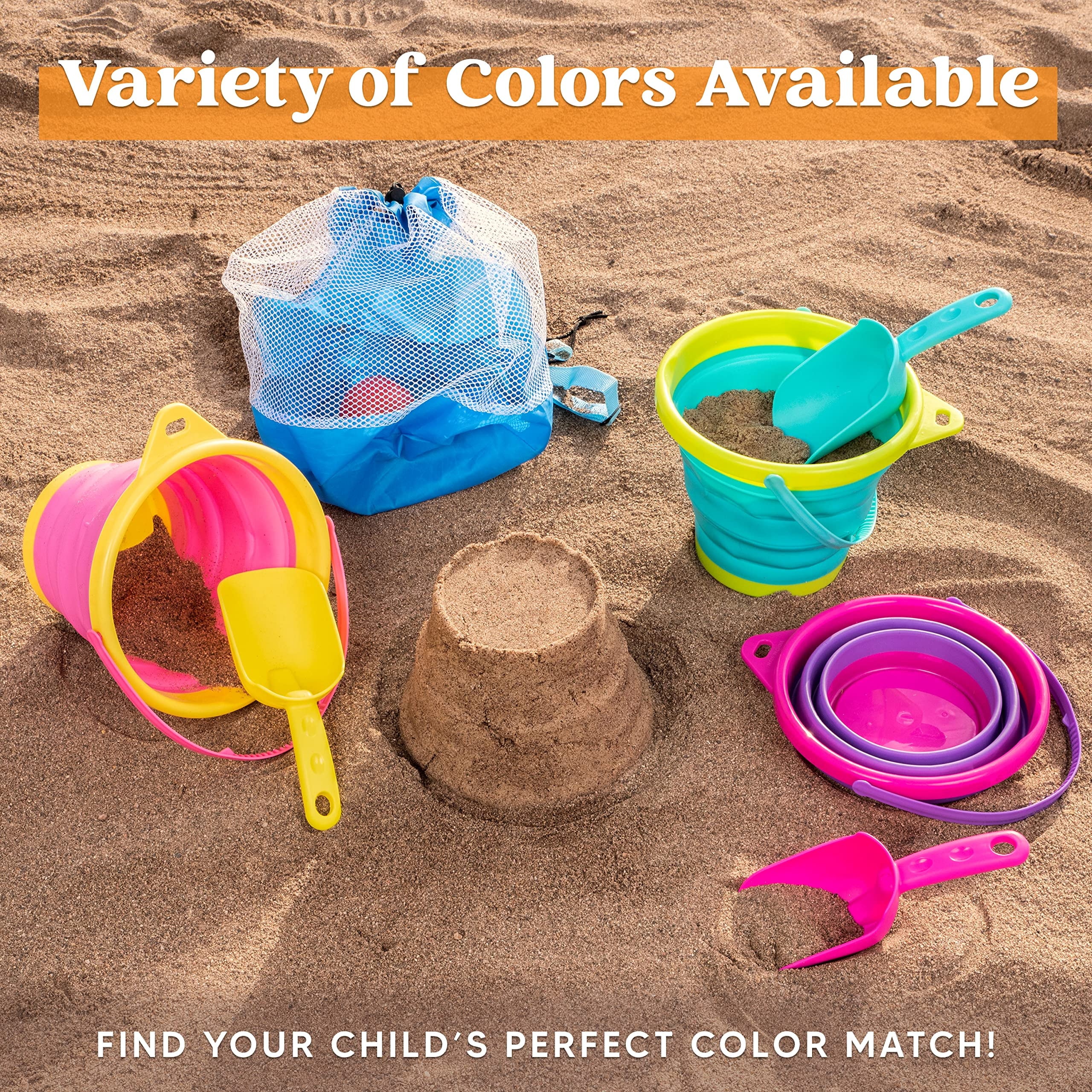 Set of 3 Collapsible Buckets with Shovels & Mesh Bag - Versatile Kids Sand Toys for Beach, Camping, and Summer Activities