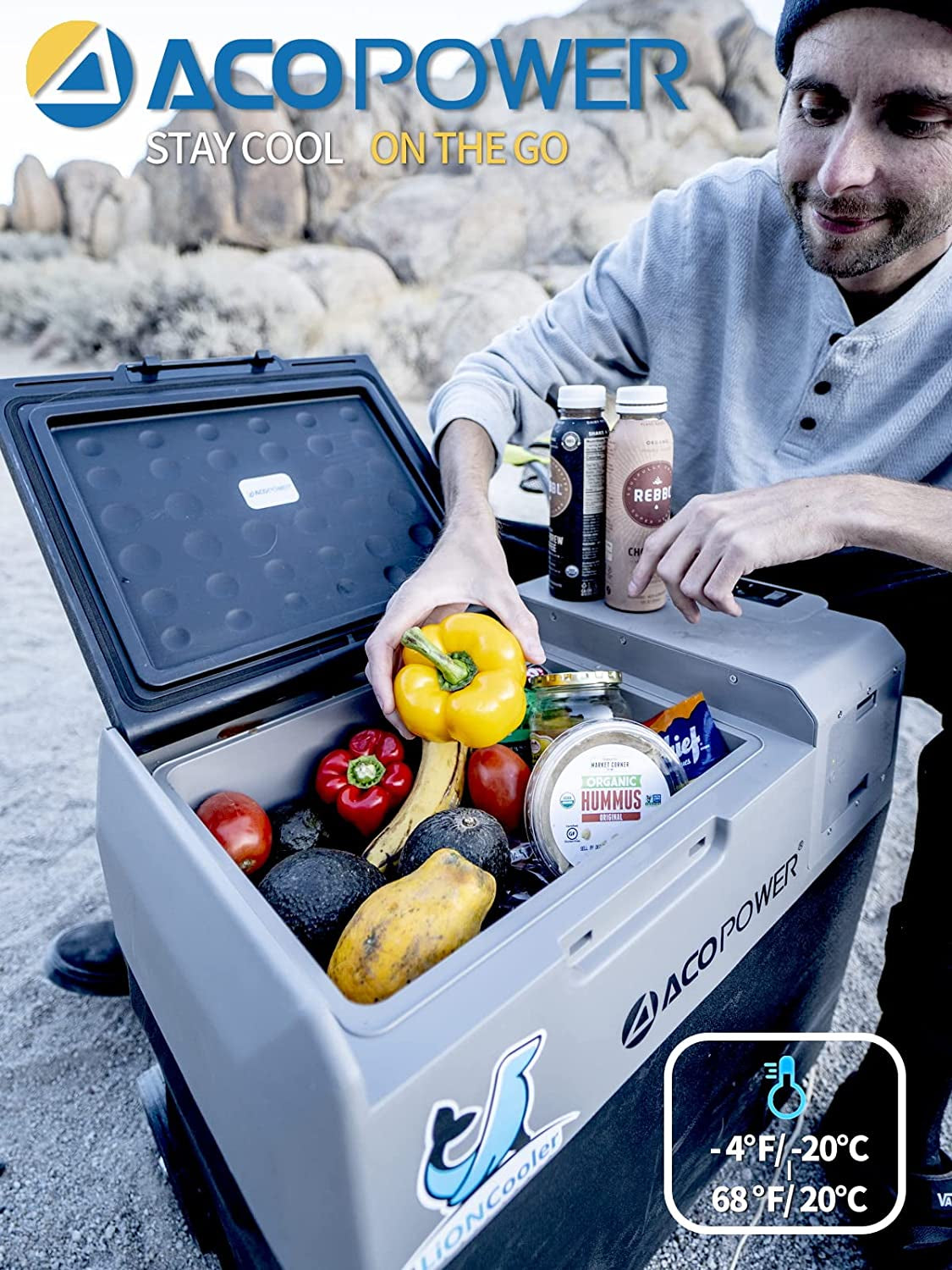 ACOPOWER & Lioncooler 12V Car Refrigerator: 32Qt, Rechargeable, Solar-Powered & Smart App Control