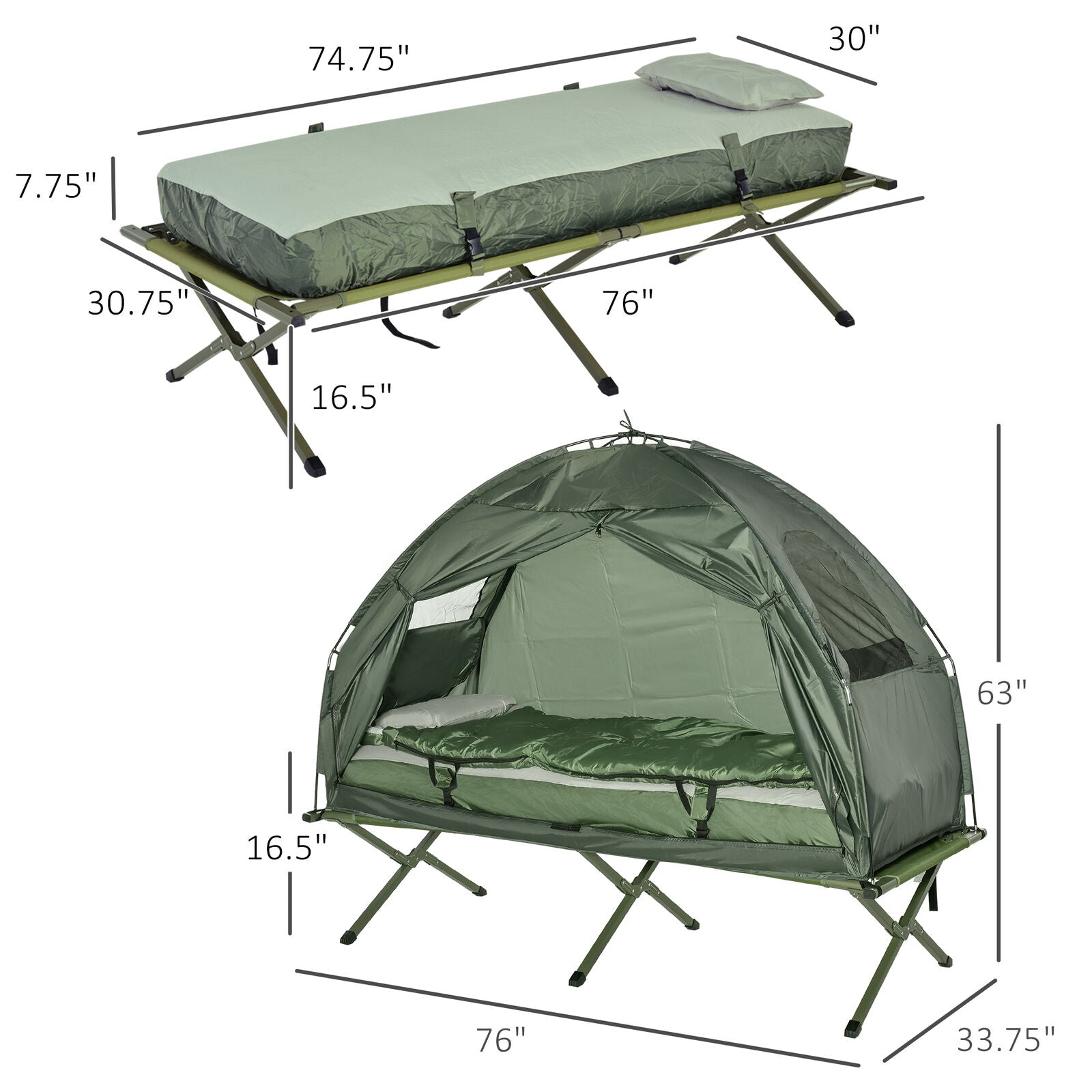 Outdoor 1-Person Folding Tent Elevated Camping Cot W/Air Mattress Sleeping Bag