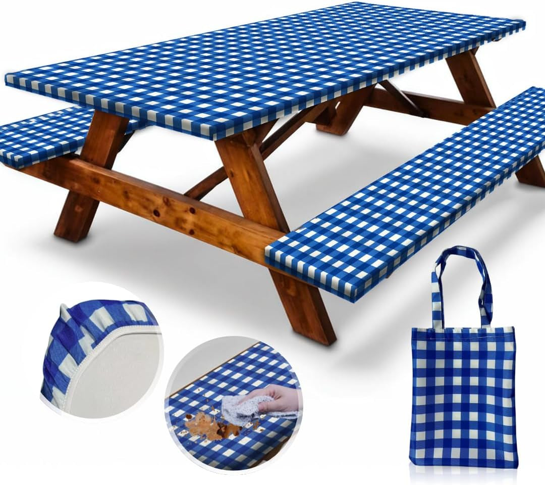 6Ft Polyester Picnic Table Cover with Bench Covers and Carrying Bag, Elastic All Around,Windproof and Waterproof Picnic Table Covers with Elastic for Camping RV Gear 72X30 Inches 4Pcs