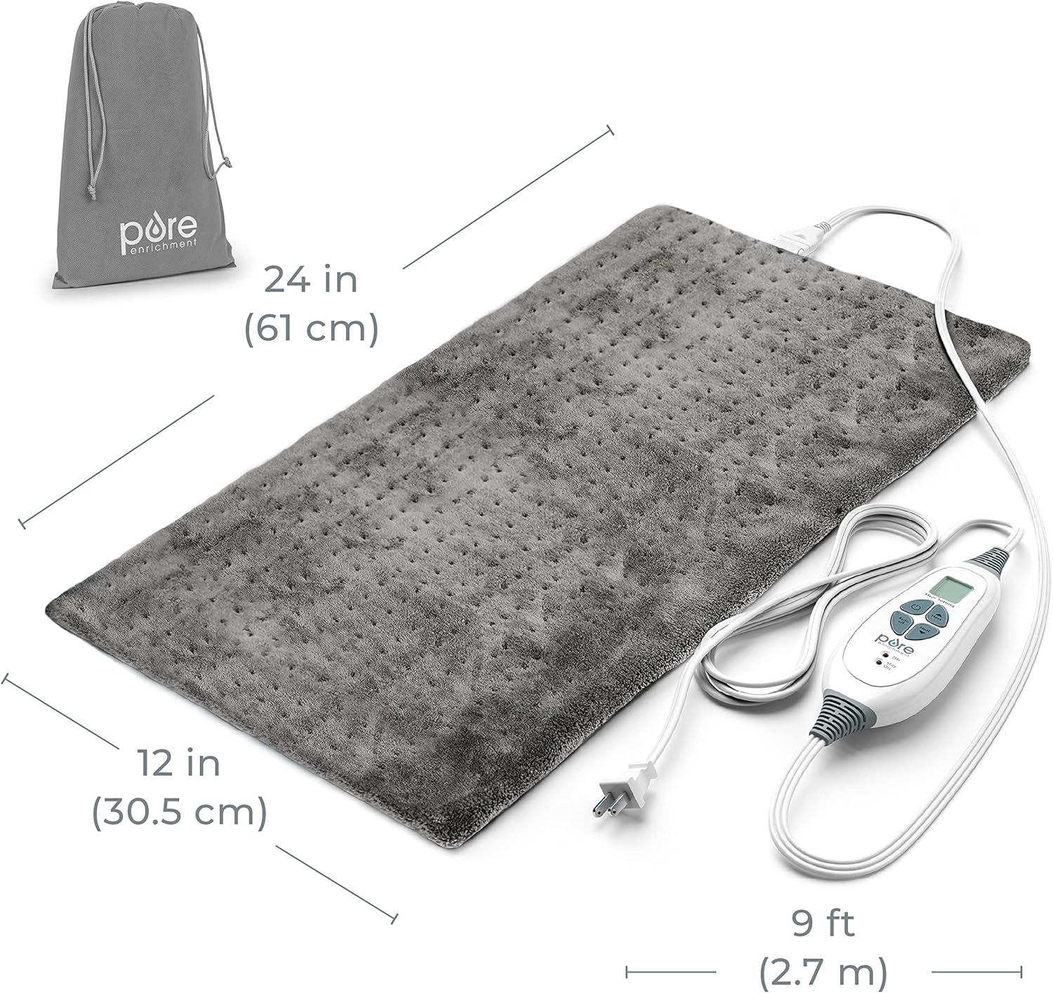 PureRelief XL Heating Pad – 12” x 24” Electric Pad for Back Pain & Cramps, 6 Heat Levels, Auto-Off