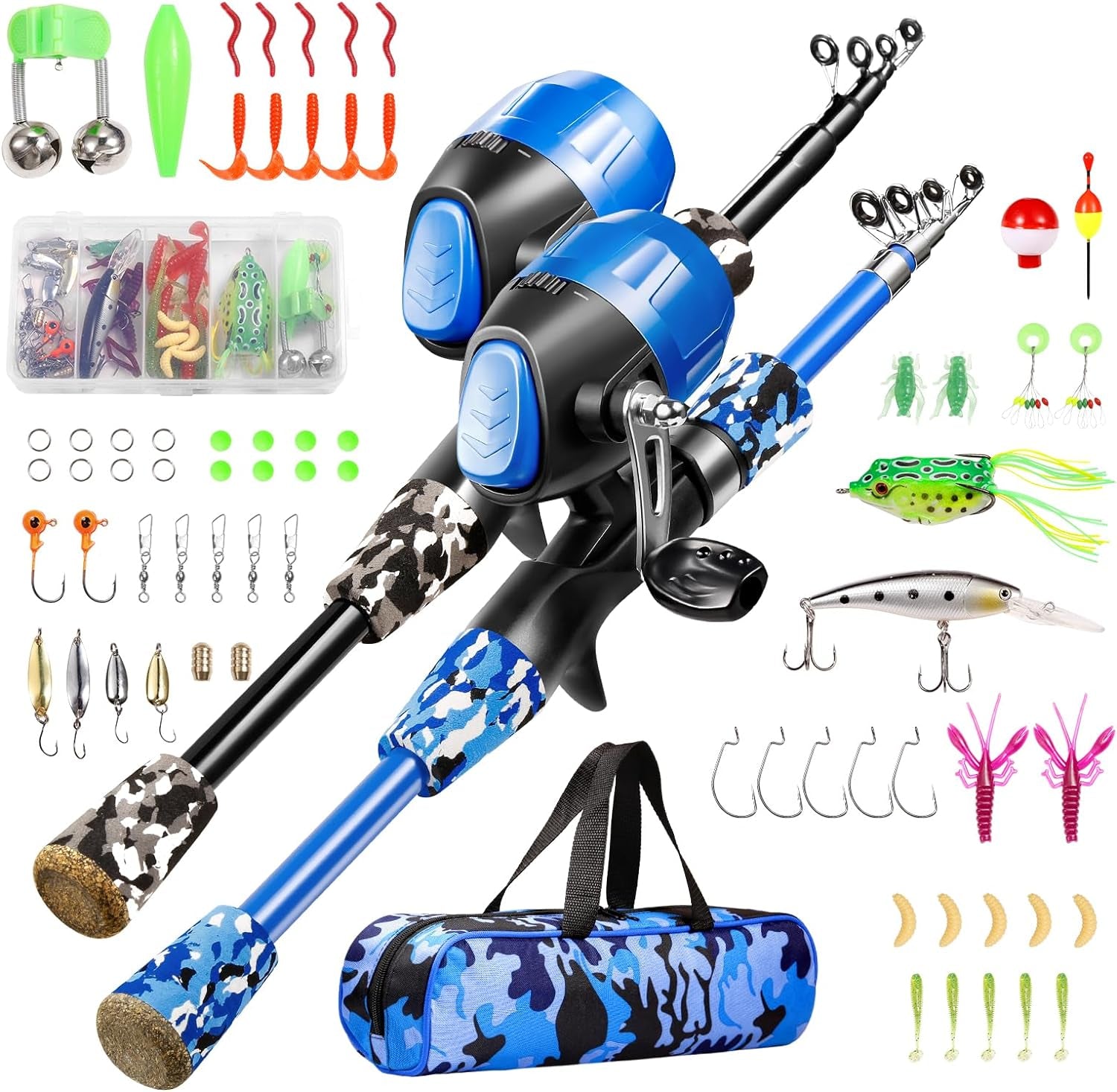 Kids Fishing Pole - Telescopic Fishing Rod and Reel Combo Kit - Fishing Gear, Fishing Lures, Carry on Bag, 70 Set Fully Fishing Equipment - for Boys, Girls, Youth