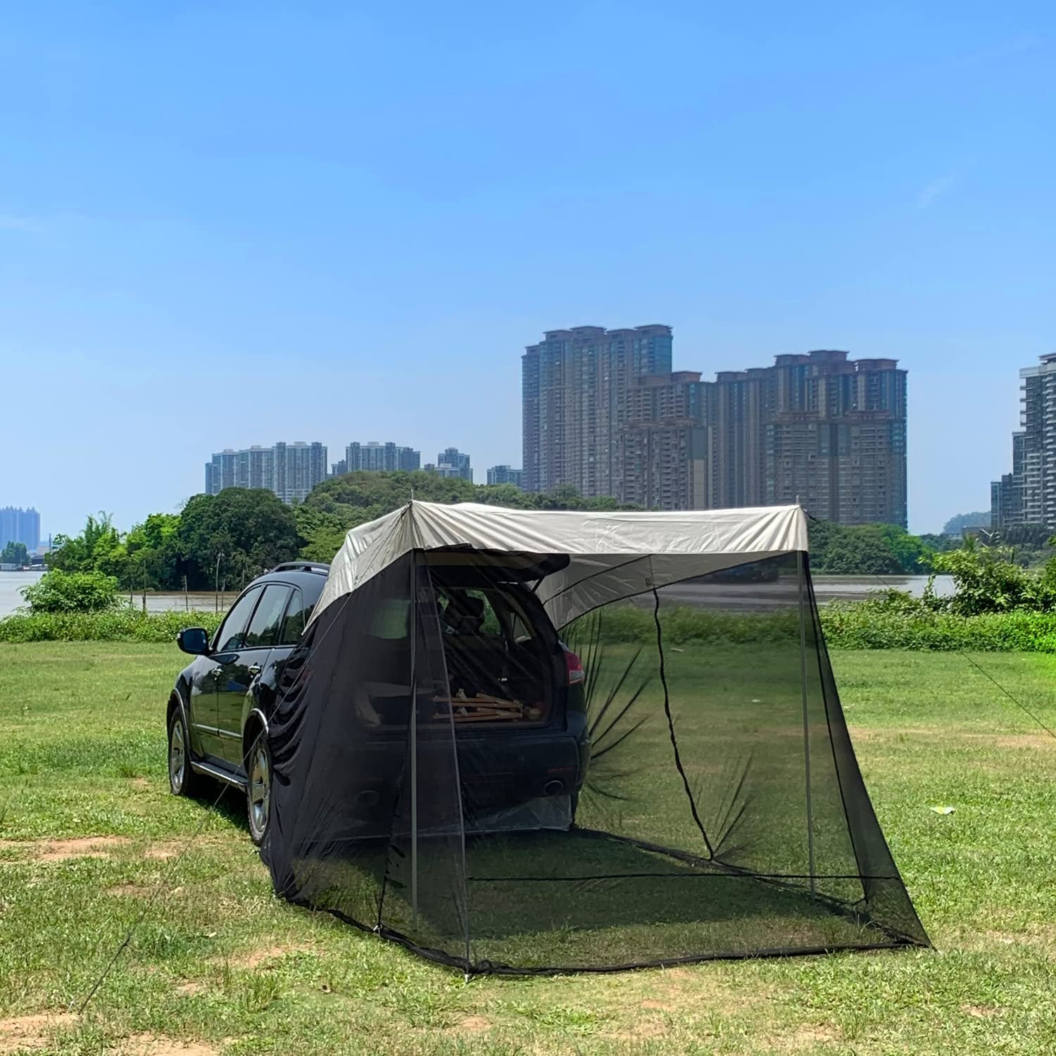 Car Awning Sun Shelter Tents Camping Truck Canopy, Portable SUV Tent Rooftop with Mosquito Net, Universal Tailgate Tent Outdoor for MPV, Trucks, Hatchbacks and Cars 118”X78.74”X78.74”