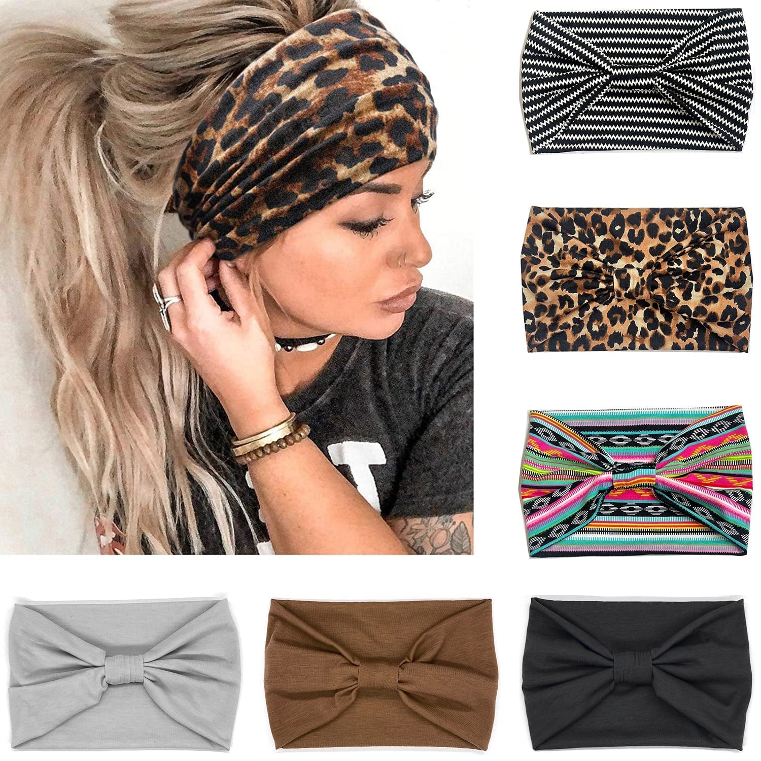 Wide Headbands for Women, Boho Knotted Head Wraps Turbans, Large African Style Head Bands Hair Accessories, 6 Pack