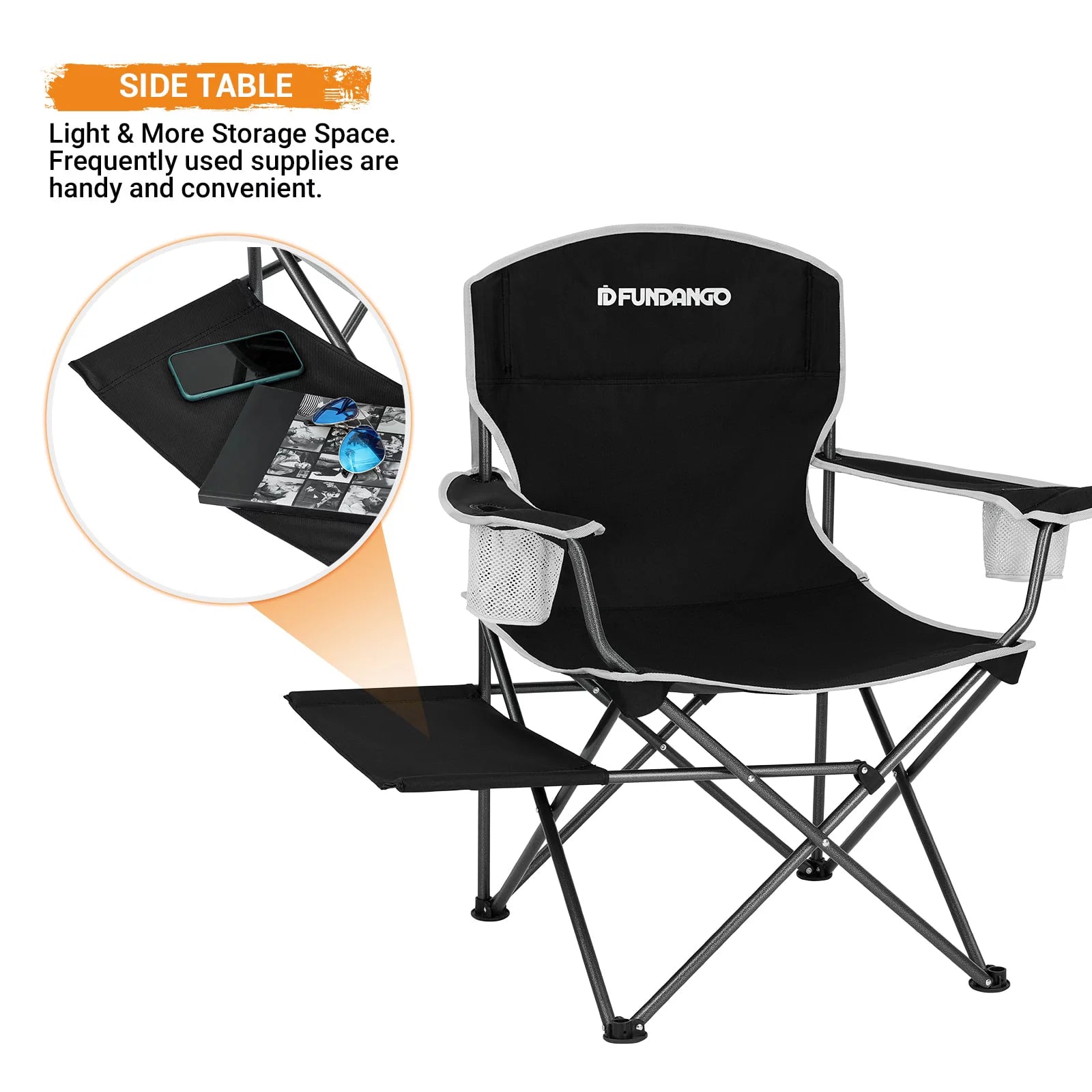 Camping Chairs with Side Table Outdoor Padded Camping Chair for Adults with Armrest Cup Holder and Pocket Supports 300 Lbs Black