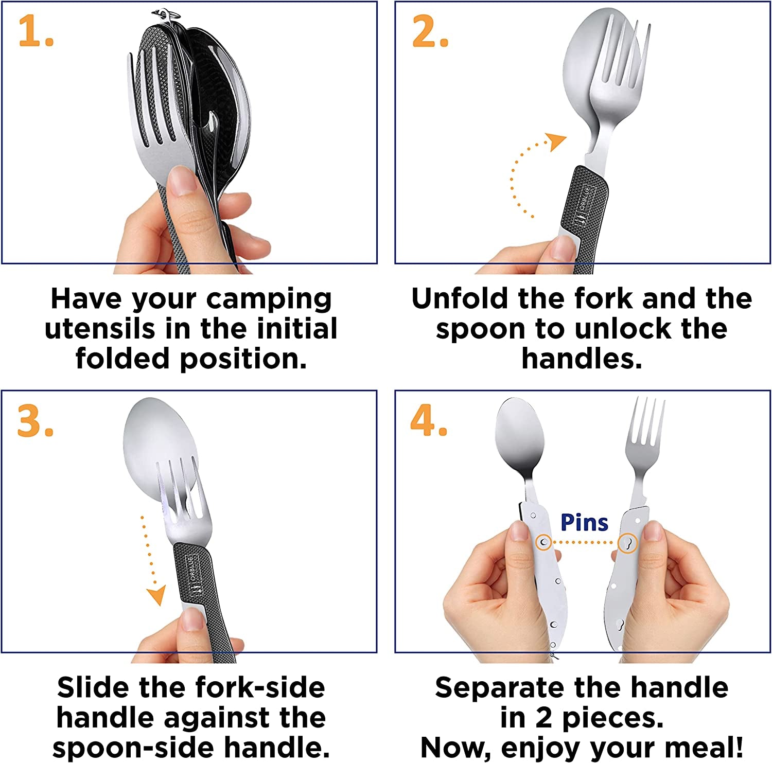 Orblue 4-In-1 Camping Utensils, 2-Pack, Portable Stainless Steel Spoon, Fork, Knife & Bottle Opener Combo Set - Travel, Backpacking Cutlery Multitool, Black