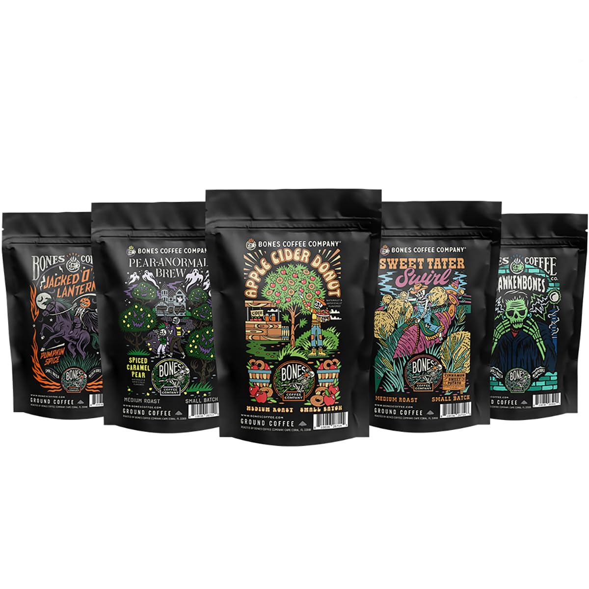 Bones Coffee Company NEW Flavors! Favorite Flavors Sample Pack | 4 Oz Pack of 5 Assorted Ground Coffee Beans | Low Acid Medium Roast Gourmet Coffee Beverages (Ground)