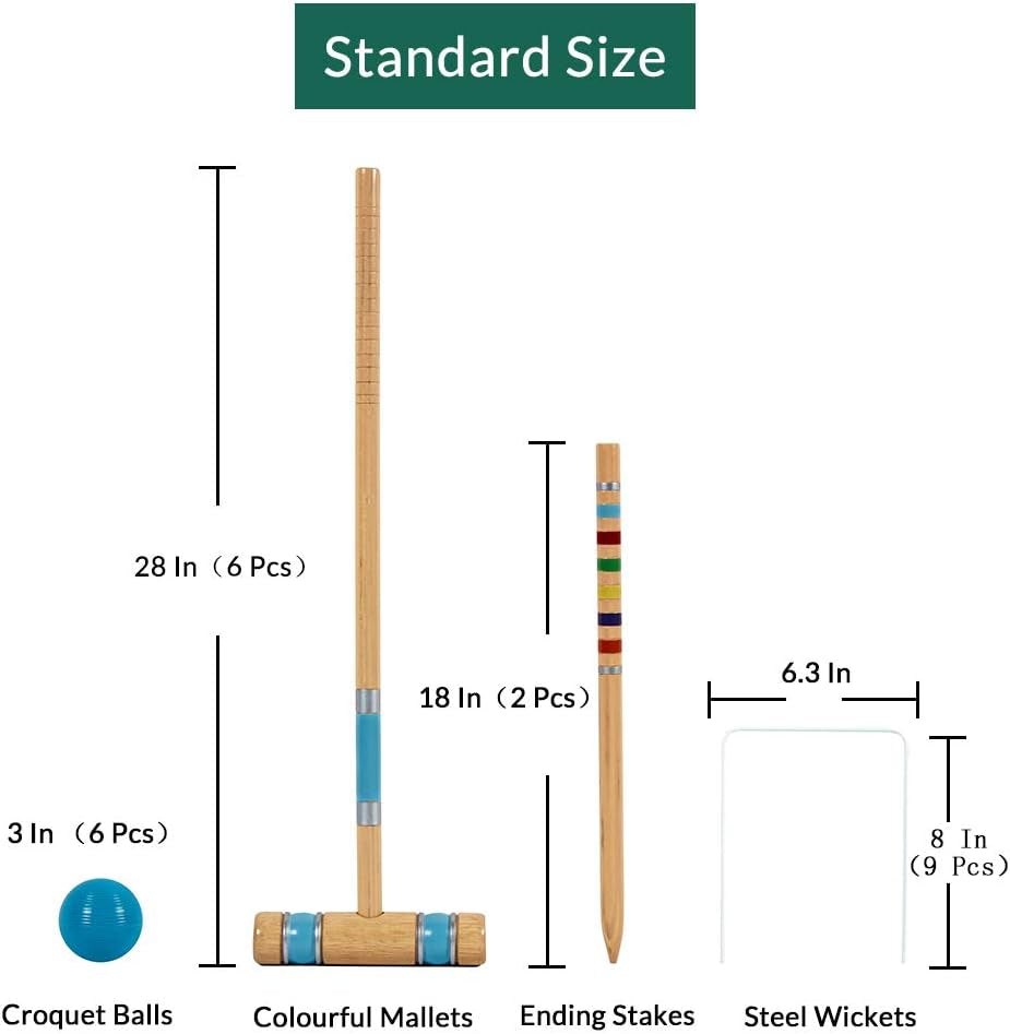Apudarmis Six Player Croquet Set with Premiun Rubber Wooden Mallets 28In,Colored Ball,Wickets,Stakes - Lawn Backyard Game Set for Adults/Teenagers/Family (Large Carry Bag Including)