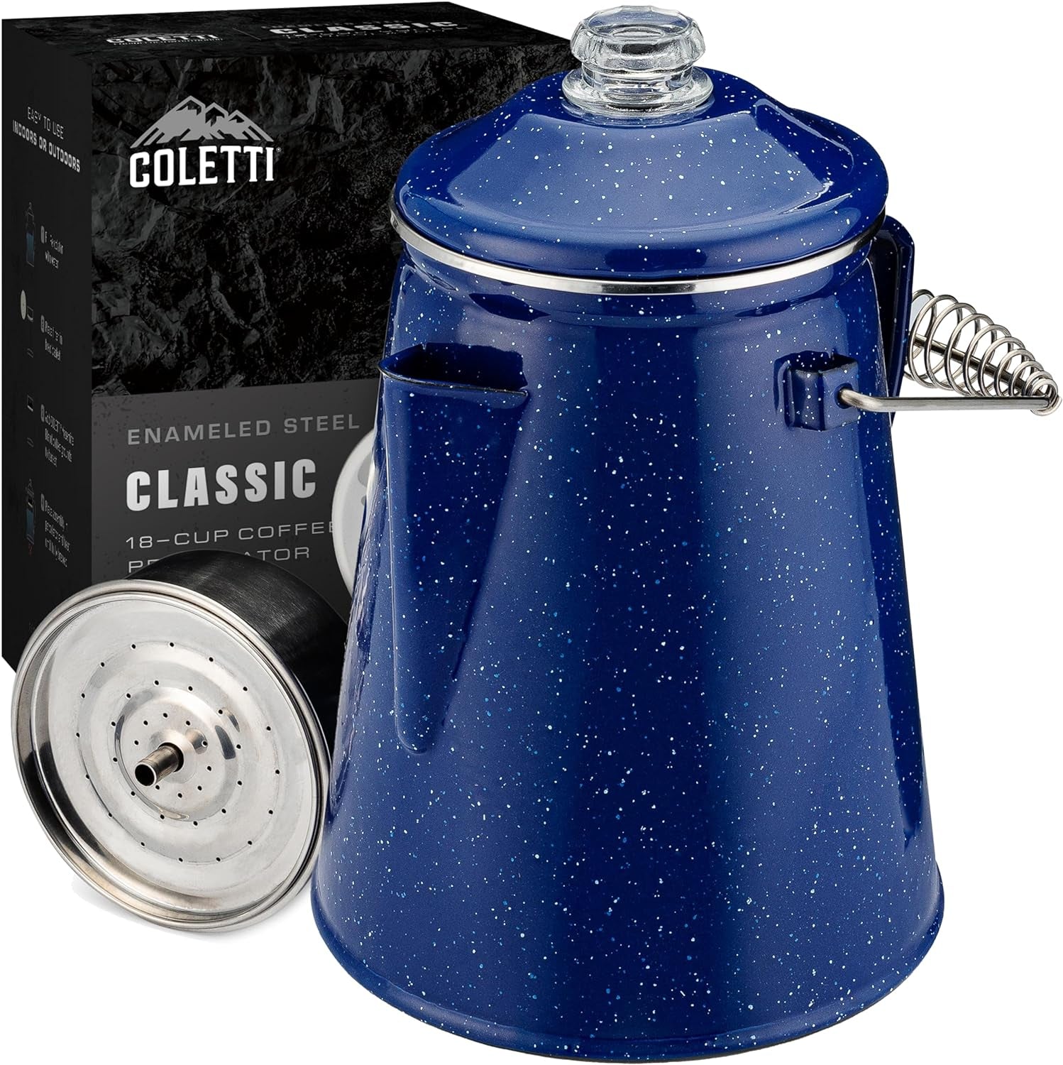 COLETTI Classic Percolator Coffee Pot — Camping Coffee Percolator, Campfire Coffee Pot – Camping Percolator for Groups — Brew for the Whole Campsite (Blue, 12 Cup)