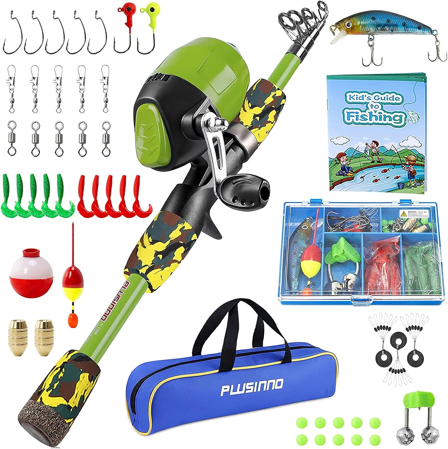 PLUSINNO Kids Fishing Pole with Spincast Reel Telescopic Fishing Rod Combo Full Kits for Boys, Girls, and Adults