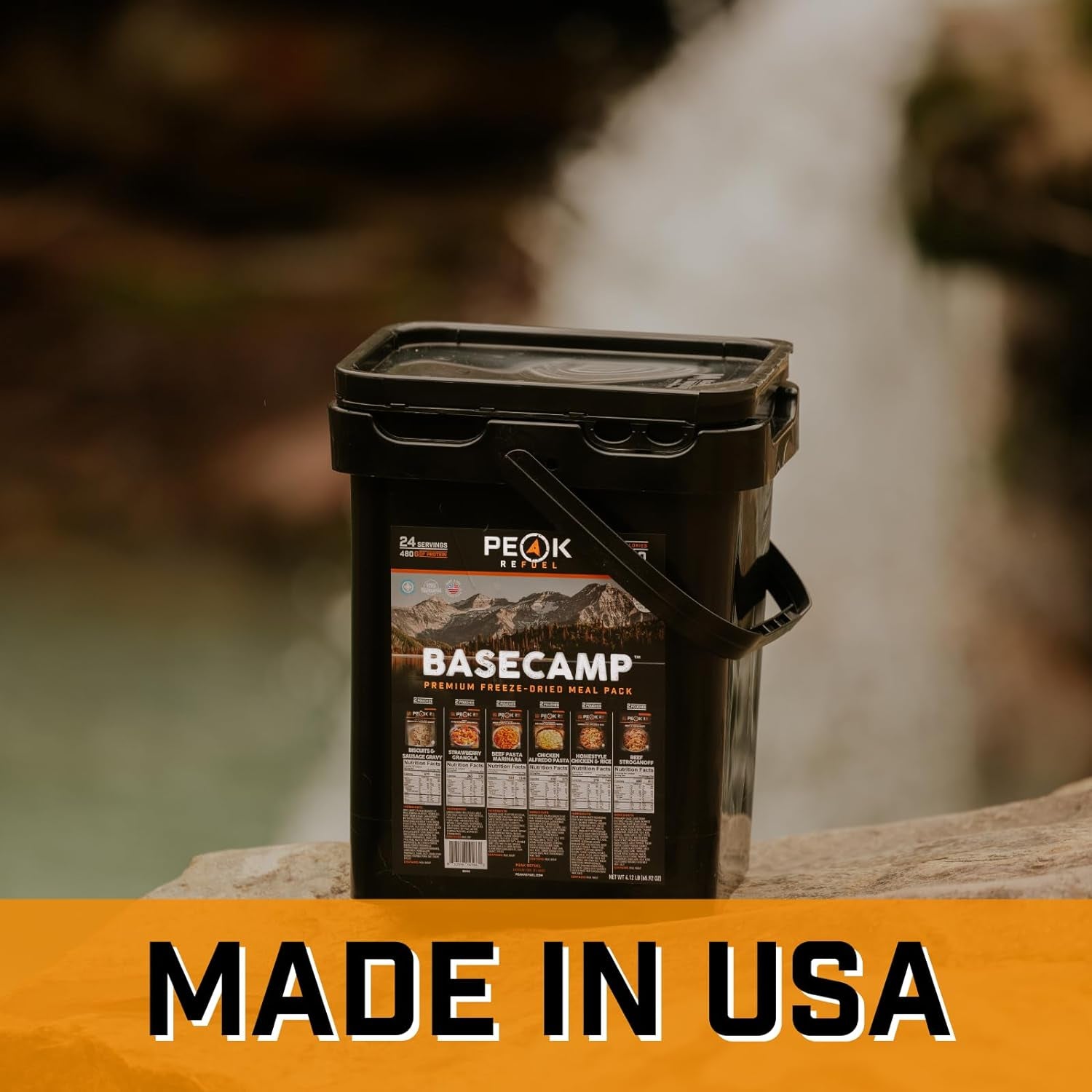 Basecamp Bucket 3.0 | 480G Protein | 10180 Calories | 100% Real Meat | Premium Freeze Dried Backpacking & Camping Food | 24 Servings | Ideal MRE Survival Meal