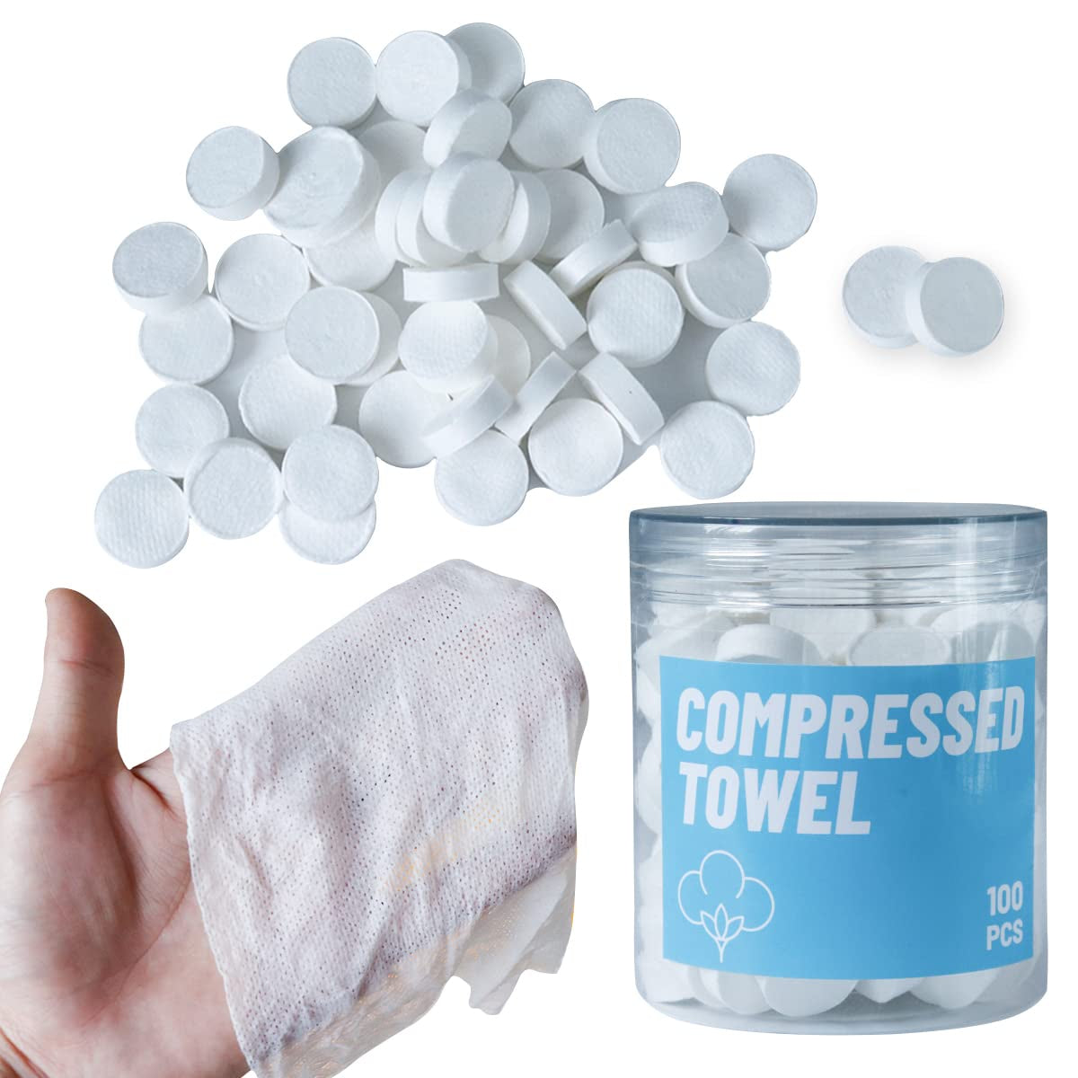 Compressed Towels, Compressed Towels for Camping, Compressed Cotton Coin Tissue Towel, Disposable Face Compressed Towels, Camping Towels, Compressed Towel Tablet, Camping,Sports,100Pcs(8.6In×9In)