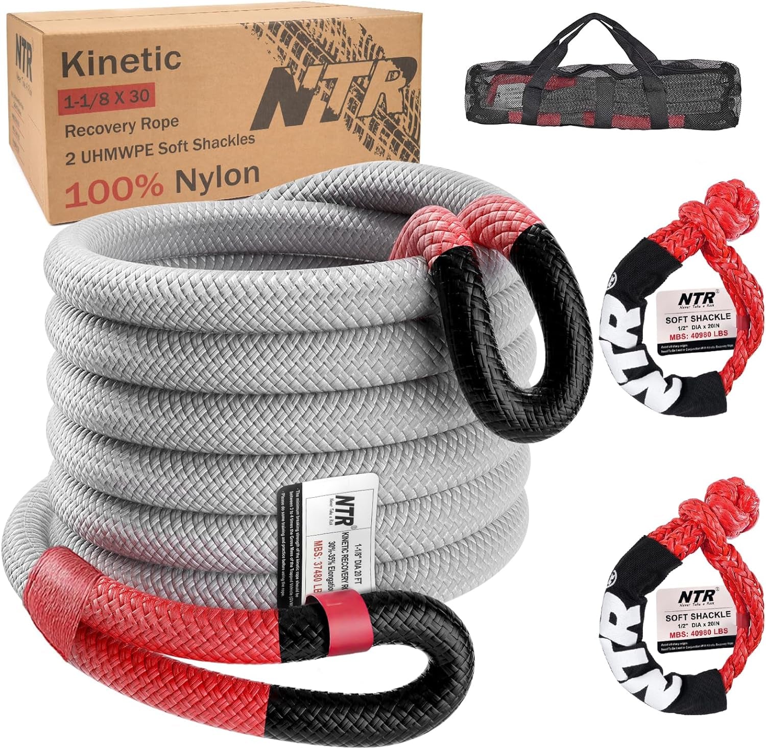 1-1/8" X 30' Kinetic Recovery Tow Rope (37,480Lbs), with 2 UHMWPE Soft Shackles (40,980Lbs), Heavy-Duty Offroad Snatch Strap, Vehicle Recovery Kit for Jeep Car Truck ATV UTV SUV