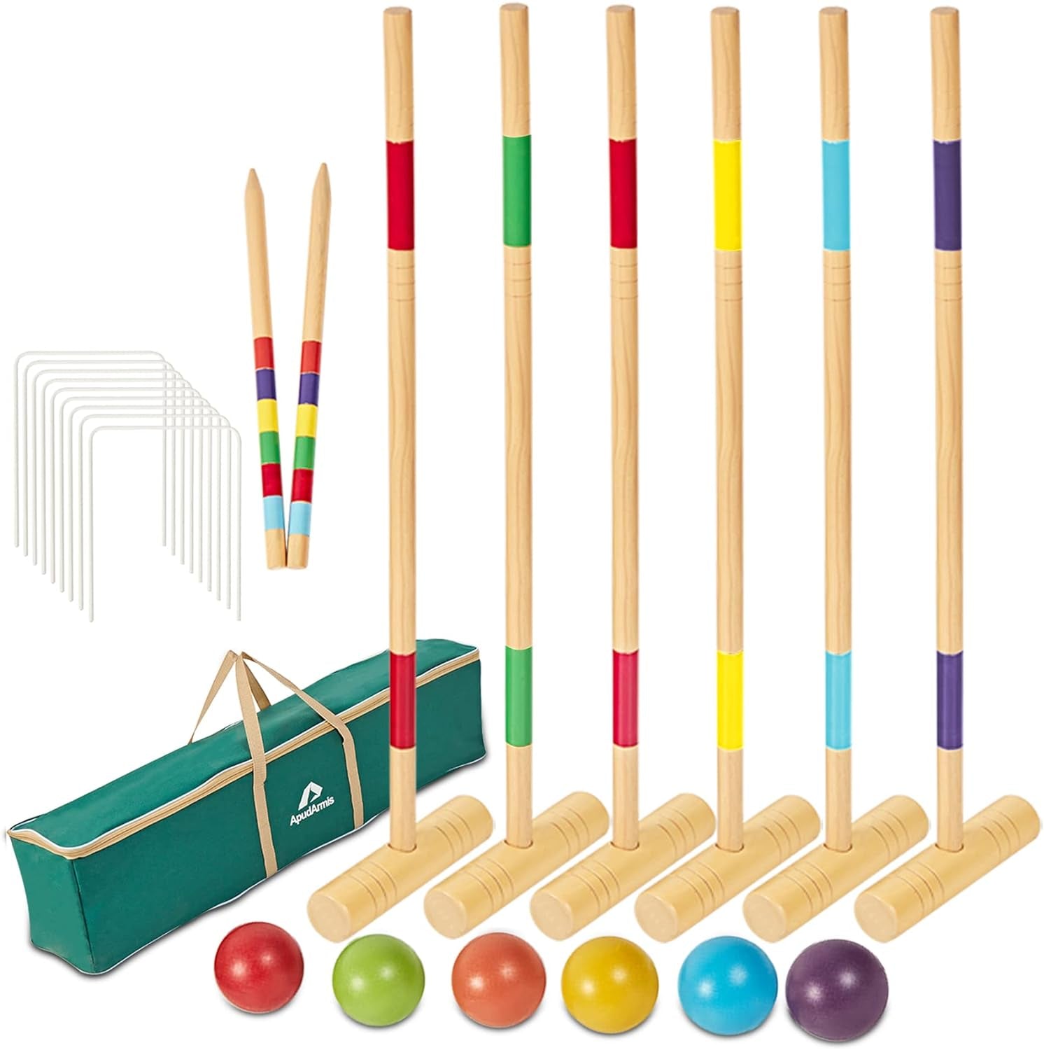 Apudarmis Six Player Croquet Set with Premiun Rubber Wooden Mallets 28In,Colored Ball,Wickets,Stakes - Lawn Backyard Game Set for Adults/Teenagers/Family (Large Carry Bag Including)