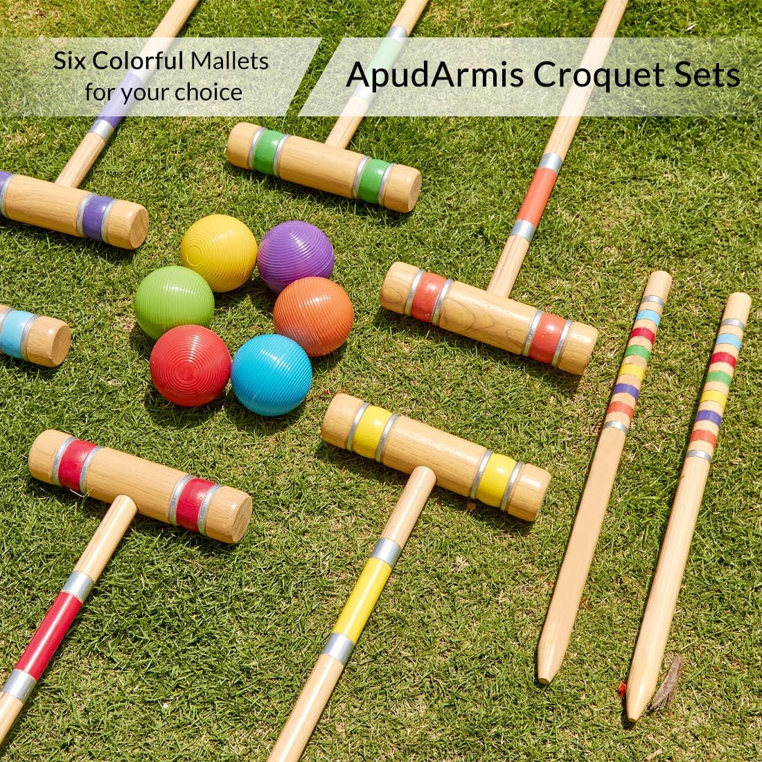 Apudarmis Six Player Croquet Set with Premiun Rubber Wooden Mallets 28In,Colored Ball,Wickets,Stakes - Lawn Backyard Game Set for Adults/Teenagers/Family (Large Carry Bag Including)