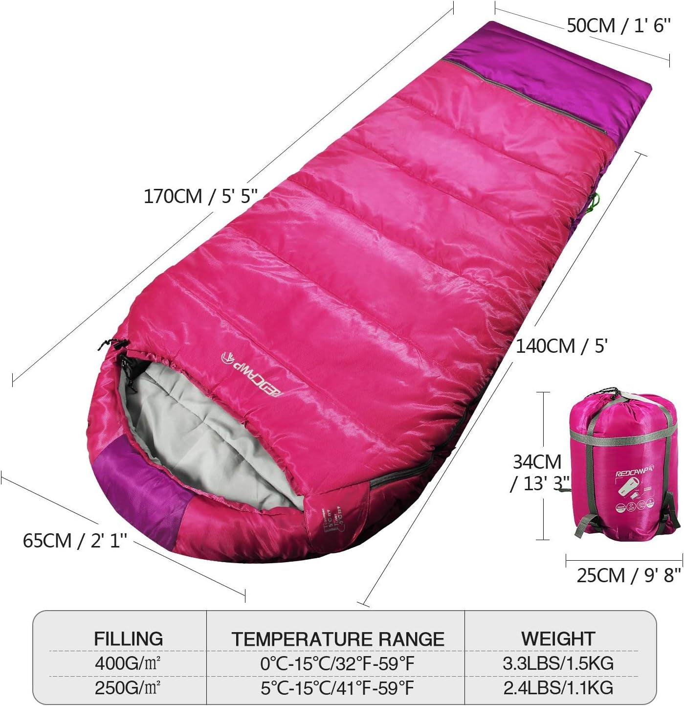 REDCAMP Kids Mummy Sleeping Bag for Camping, 3 Season Cold Weather Sleeping Bag Fit Boys,Girls & Teens, Blue/Rose Red