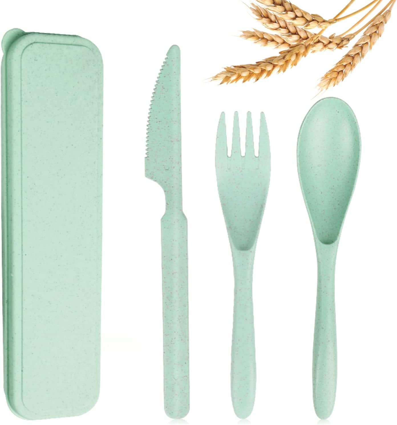 Reusable Travel Utensils Set with Case, 4 Sets Wheat Straw Portable Knife Fork Spoons Tableware, Eco-Friendly BPA Free Cutlery for Kids Adults Picnic Camping Utensils(Green, Beige, Pink, Blue)