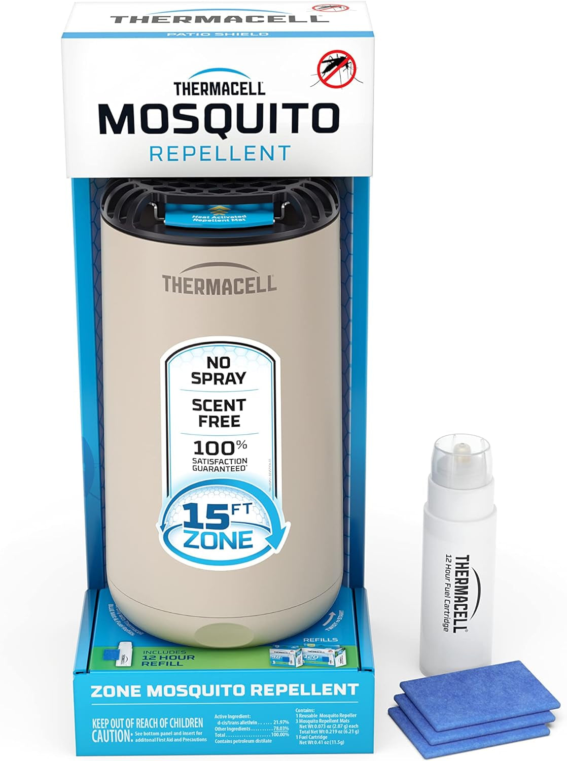 Thermacell Patio Shield Mosquito Repeller, Blue; Highly Effective Mosquito Repellent for Patio; No Candles or Flames, Deet-Free, Scent-Free, Bug Spray Alternative; Includes 12-Hour Refill
